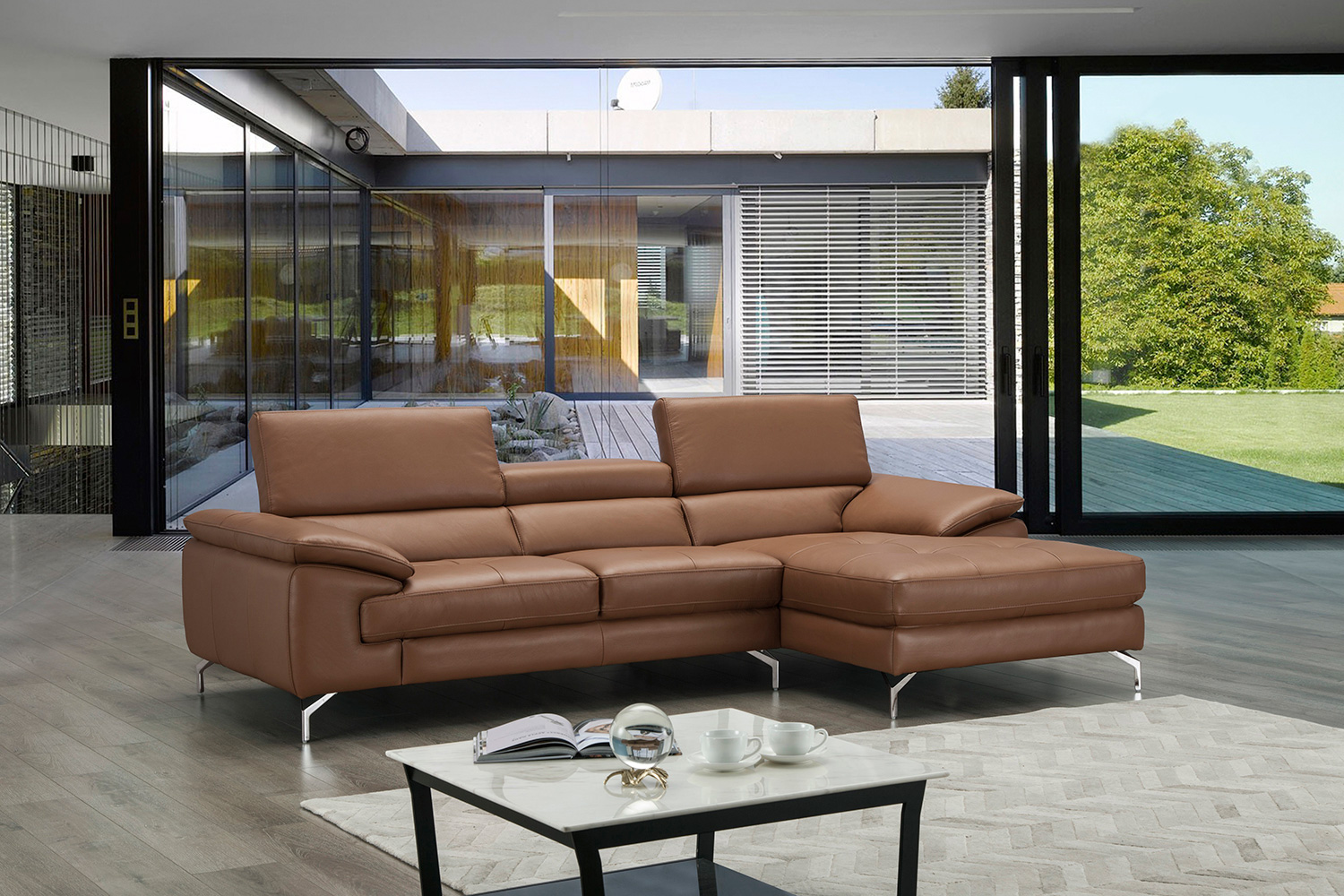 J&M A973B Italian Leather Mini Sectional - Right Facing Chaise, Caramel