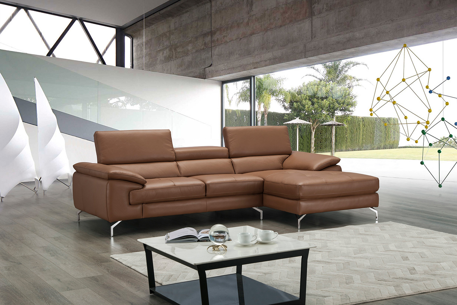 J&M A973B Italian Leather Mini Sectional - Right Facing Chaise, Caramel