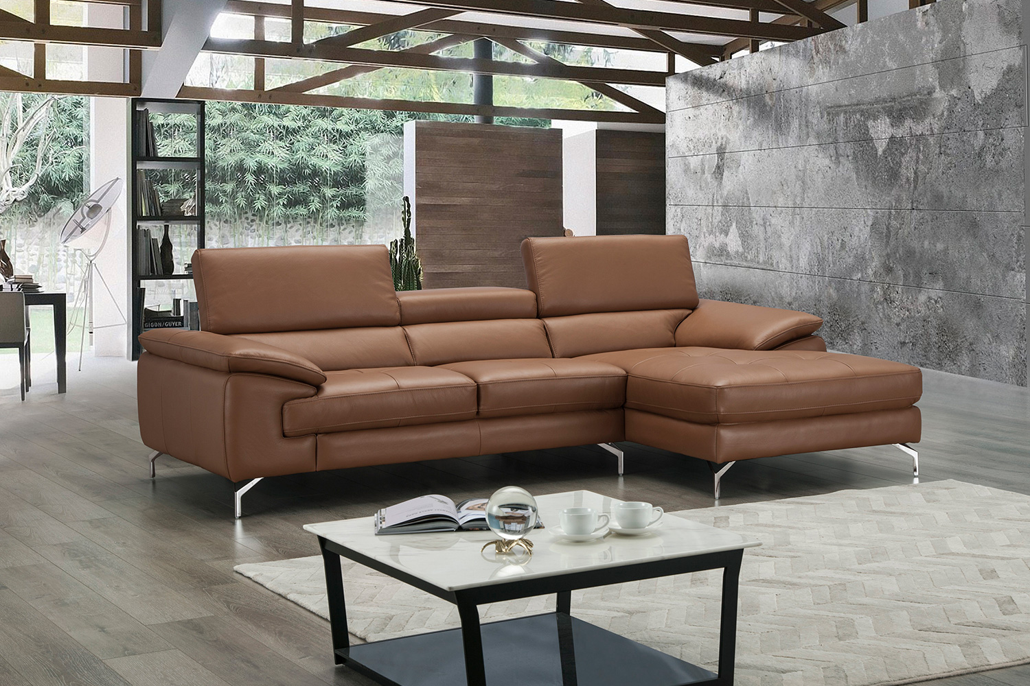 J&M A973B Italian Leather Mini Sectional - Right Facing Chaise, Caramel