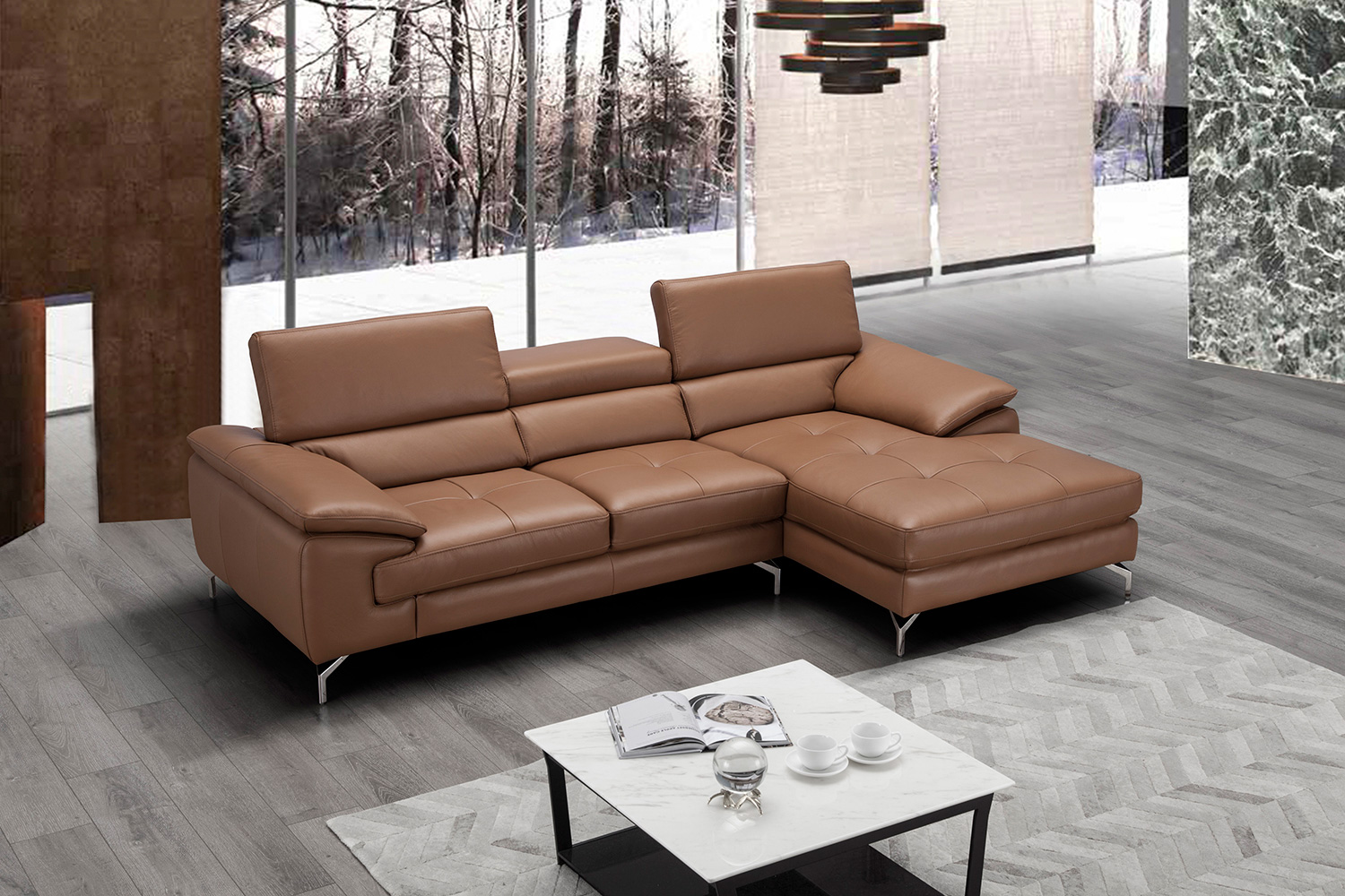 J&M A973B Italian Leather Mini Sectional - Right Facing Chaise, Caramel