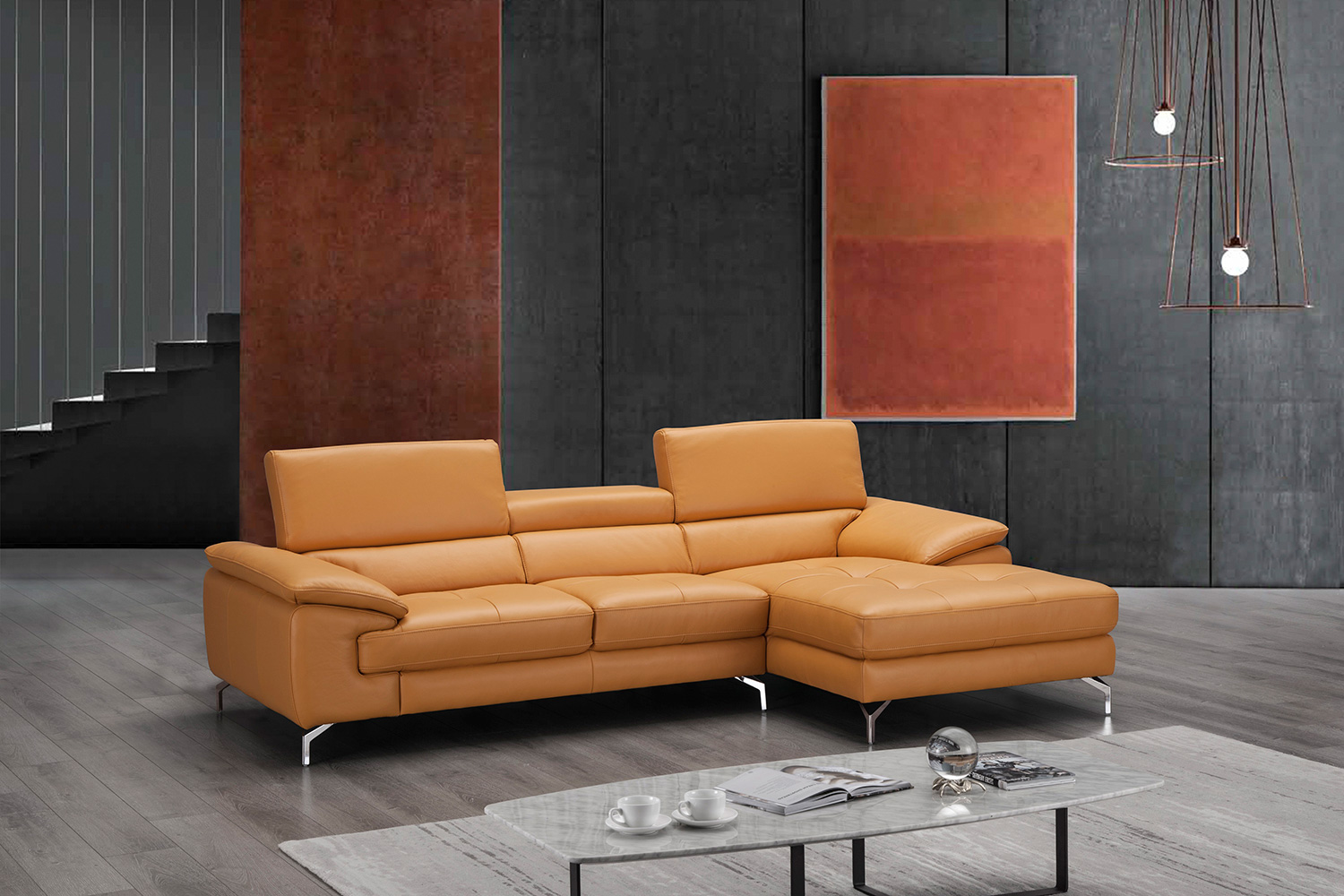 J&M A973B Italian Leather Mini Sectional - Right Facing Chaise, Freesia