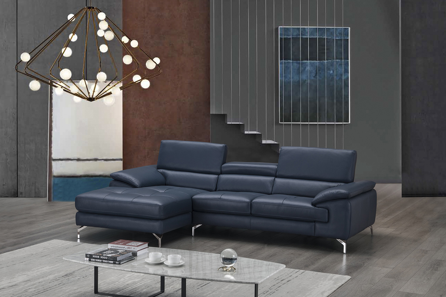 J&M A973B Italian Leather Mini Sectional - Left Facing Chaise, Blue