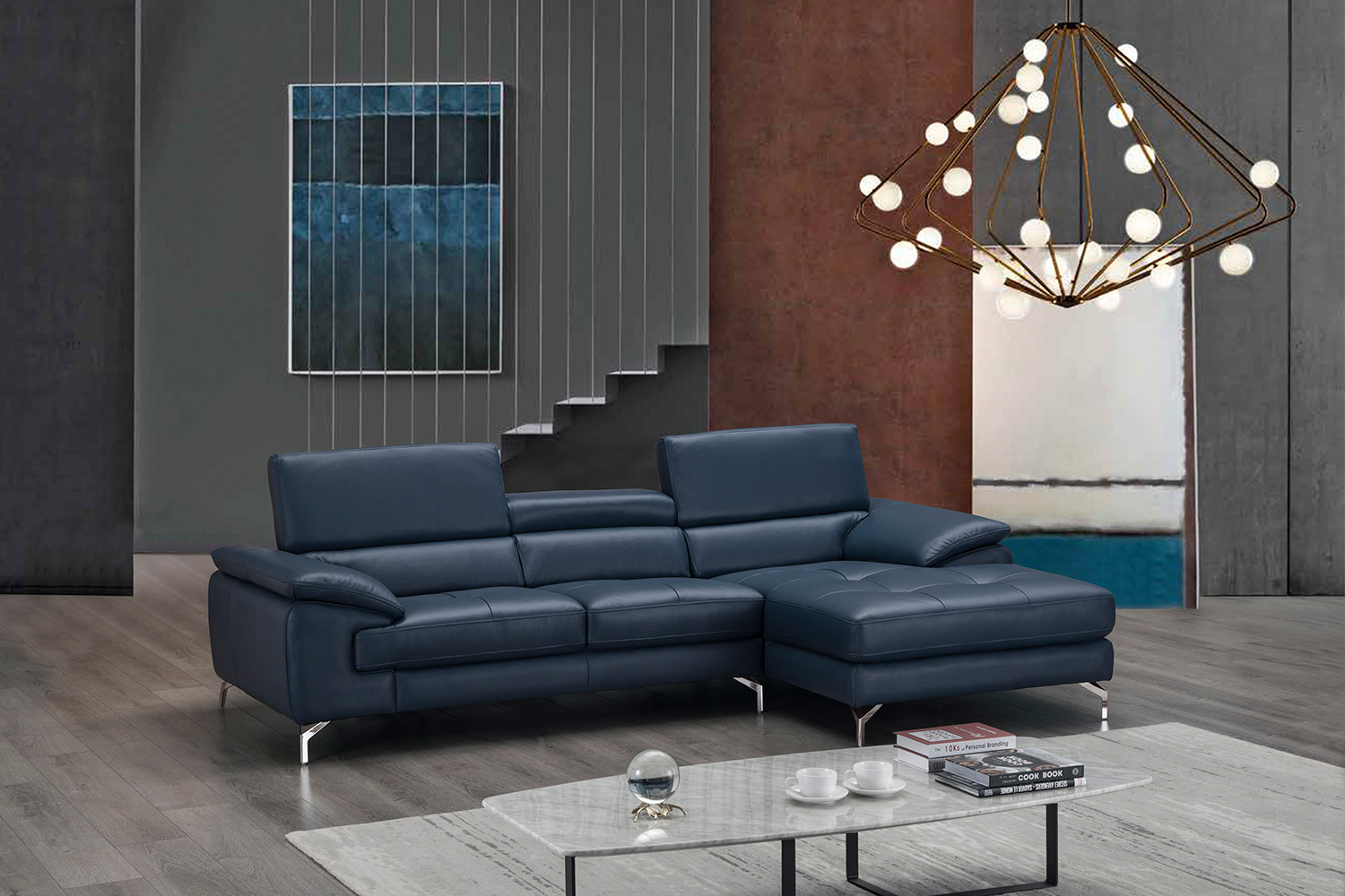 J&M A973B Italian Leather Mini Sectional - Right Facing Chaise, Blue