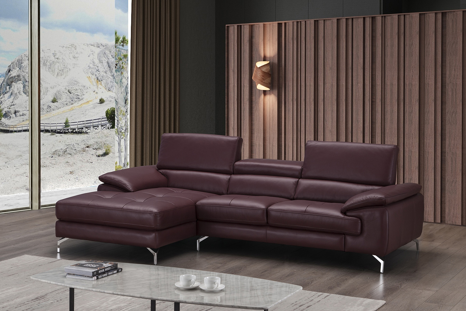 J&M A973B Italian Leather Mini Sectional - Left Facing Chaise, Maroon