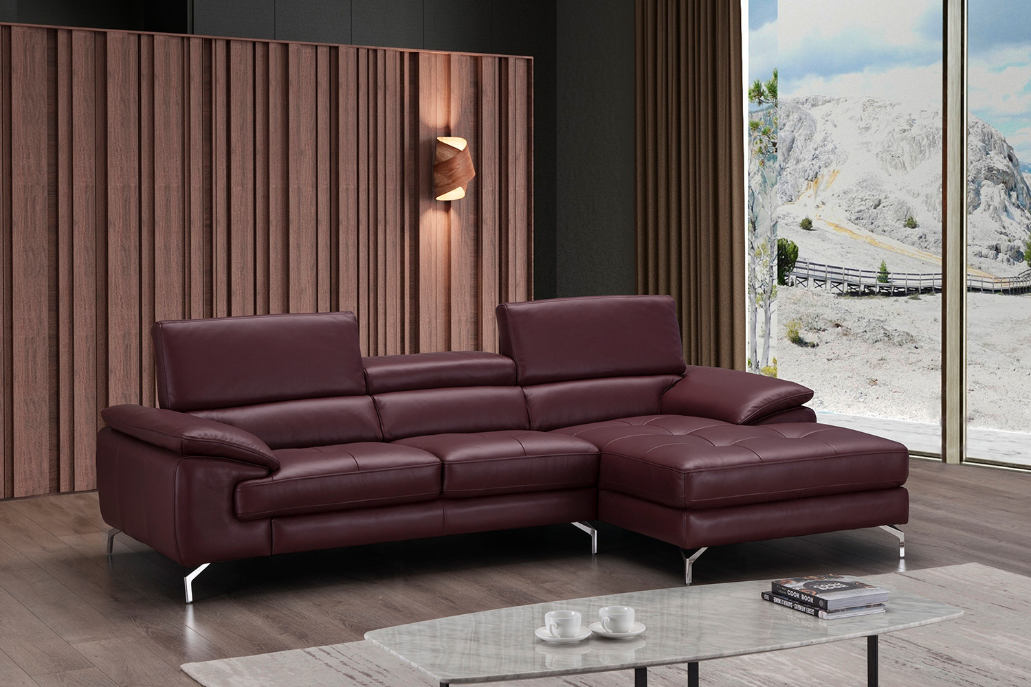 J&M A973B Italian Leather Mini Sectional - Right Facing Chaise, Maroon