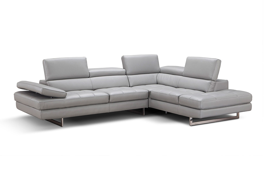 J&M A761 Italian Leather Sectional - Right Hand Facing, Light Gray