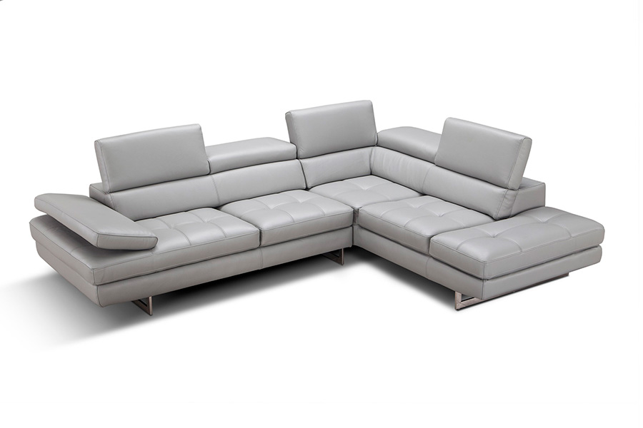 J&M A761 Italian Leather Sectional - Right Hand Facing, Light Gray