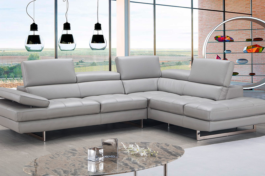 J&M A761 Italian Leather Sectional - Right Hand Facing, Light Gray