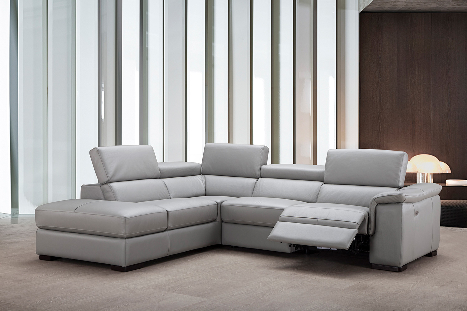 J&M Perla Premium Leather Sectional - Left Hand Facing Chaise, Light Gray