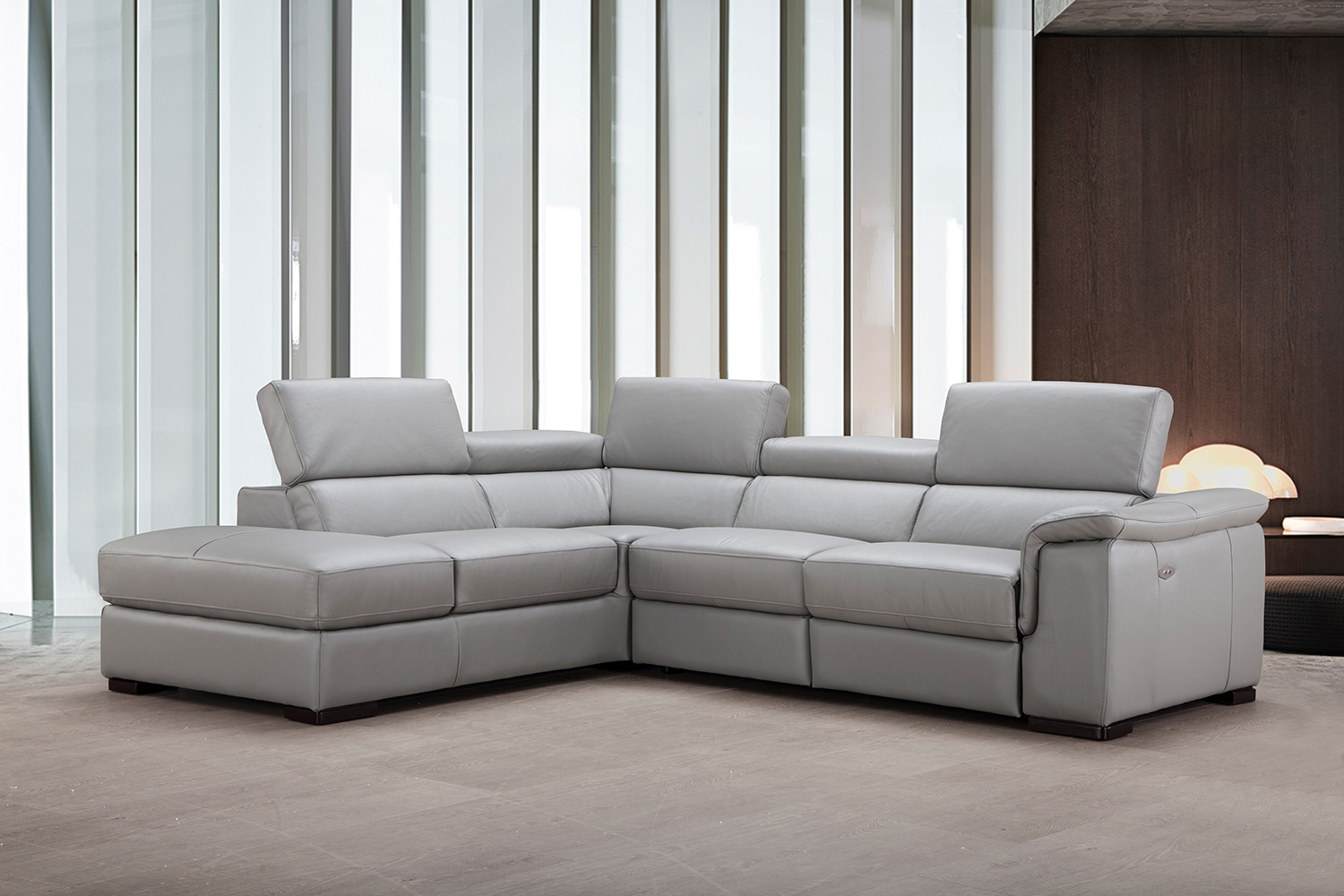 J&M Perla Premium Leather Sectional - Left Hand Facing Chaise, Light Gray