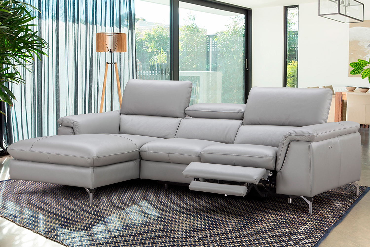 J&M Serena Premium Leather Sectional - Left Hand Facing Chaise, Light Gray