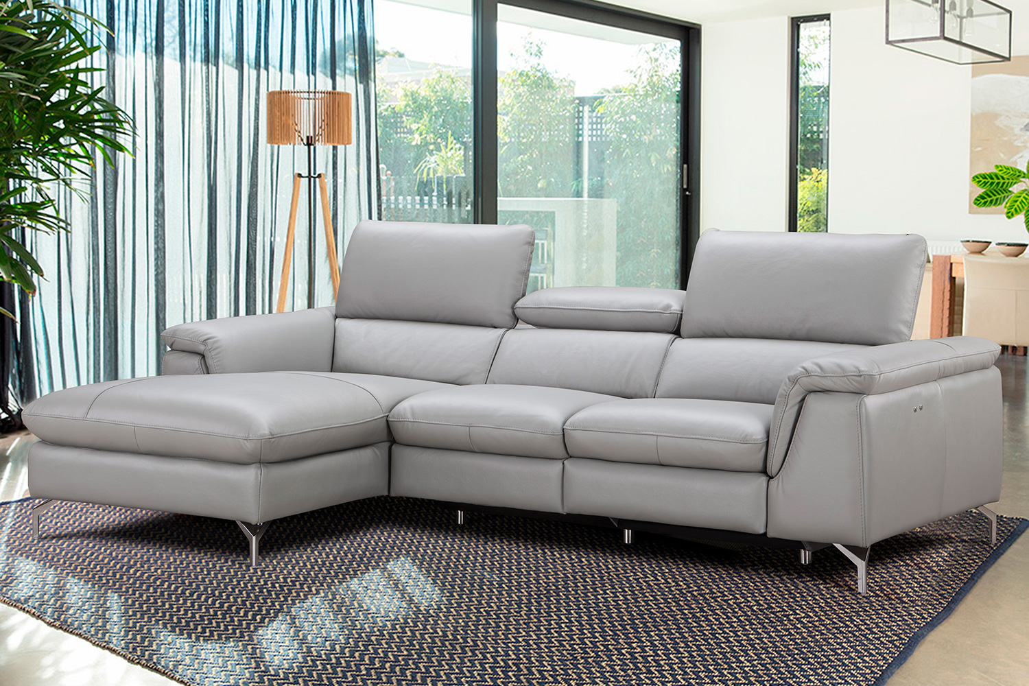 J&M Serena Premium Leather Sectional - Left Hand Facing Chaise, Light Gray