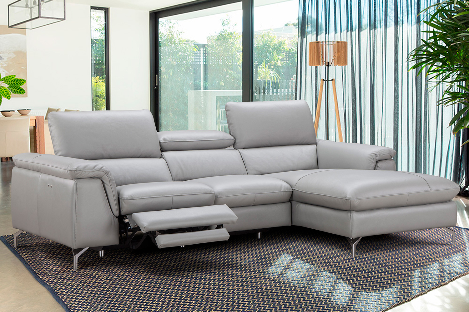 J&M Serena Premium Leather Sectional - Right Hand Facing Chaise, Light Gray