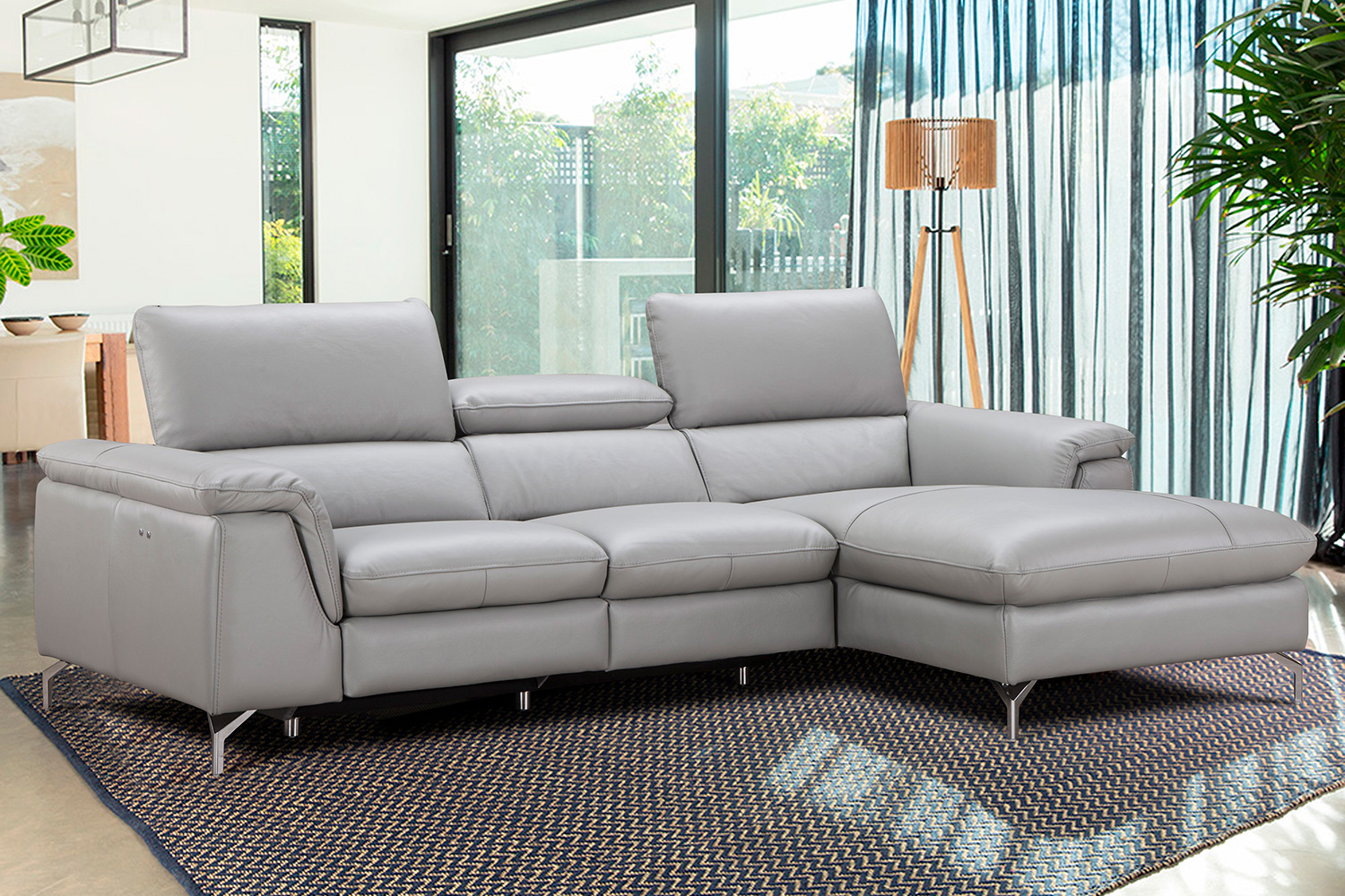 J&M Serena Premium Leather Sectional - Right Hand Facing Chaise, Light Gray