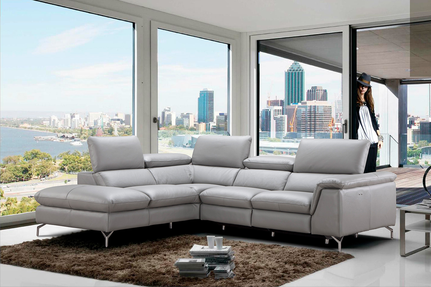 J&M Viola Premium Leather Sectional - Left Hand Facing Chaise, Light Gray