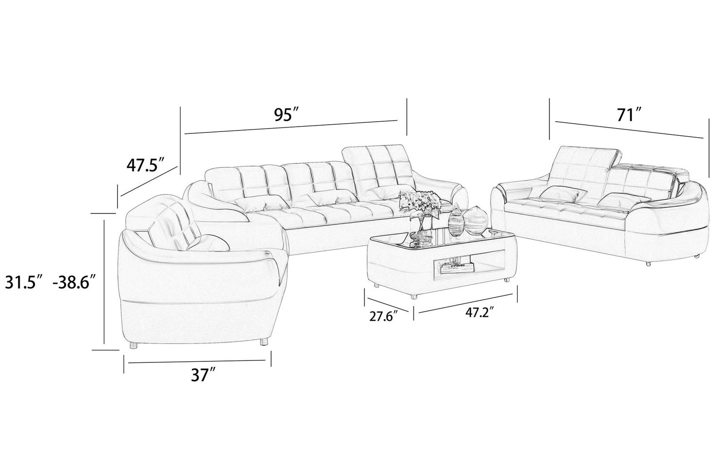 Jubilee - Aumin Modern Sofa Set with Adjustable Headrest