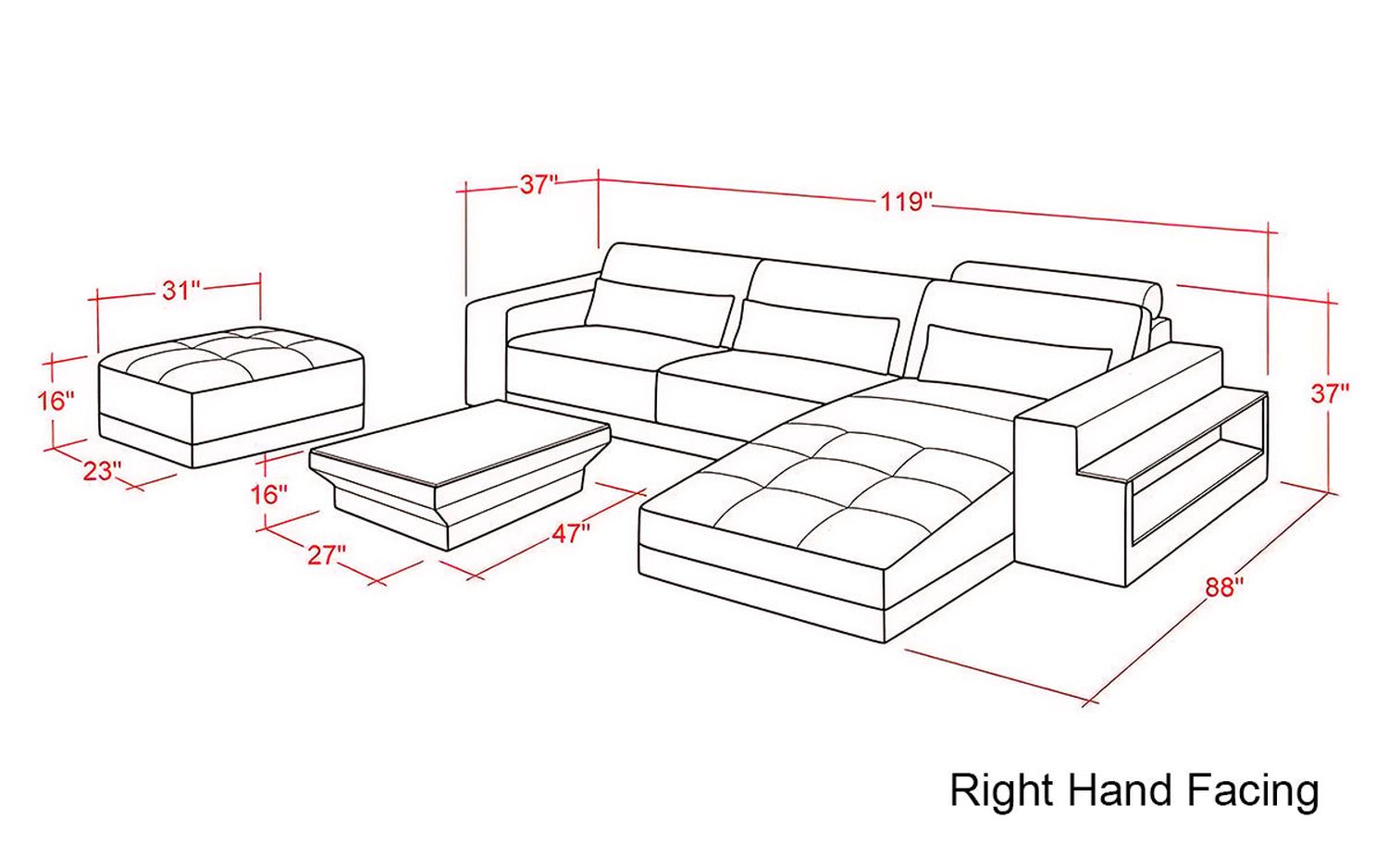 Jubilee - Silian Right Hand Facing Sectional with Storage and Led