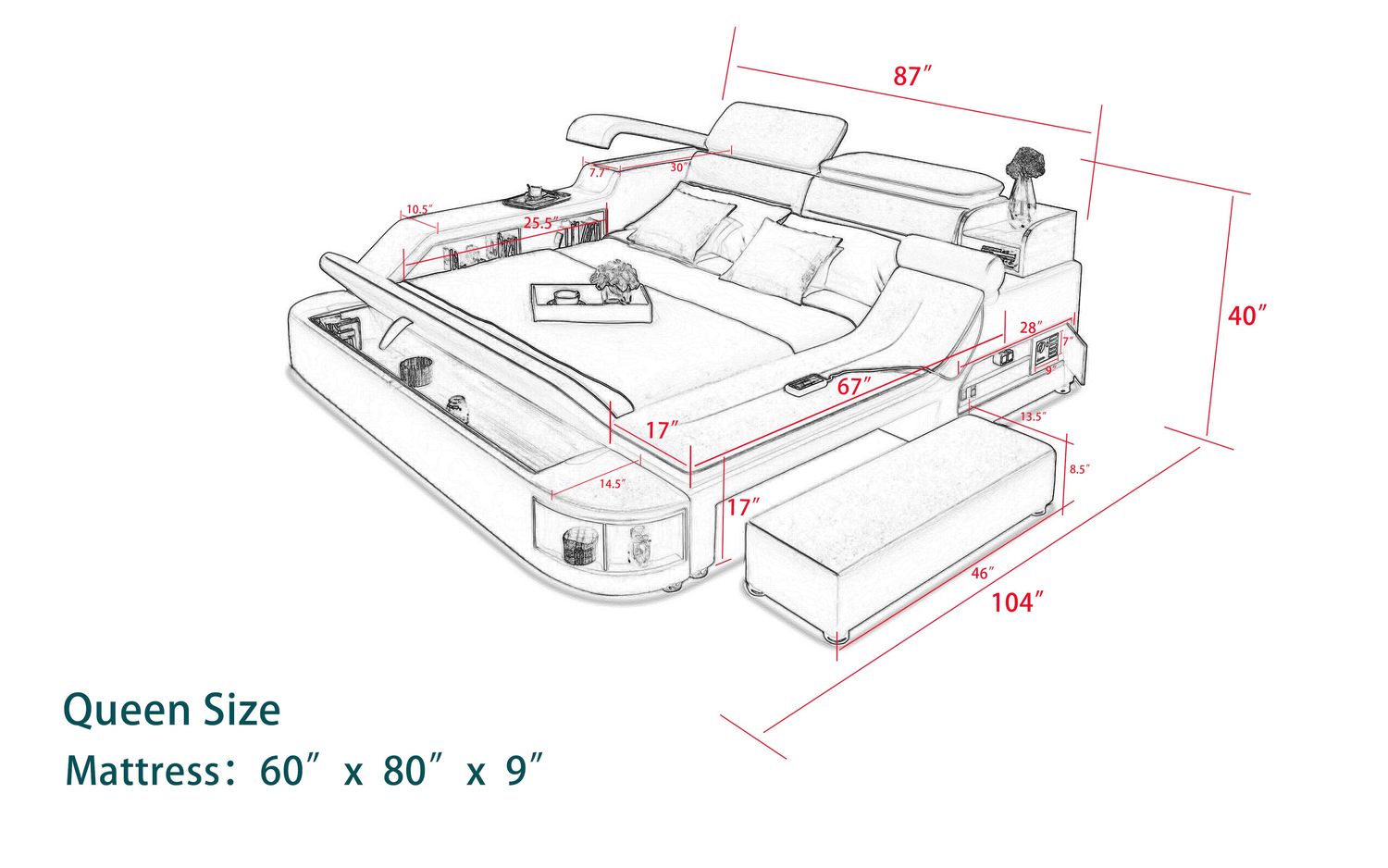 Jubilee - Aria Modern Multifunctional Smart Right Hand Facing Bed with Bluetooth Speakers