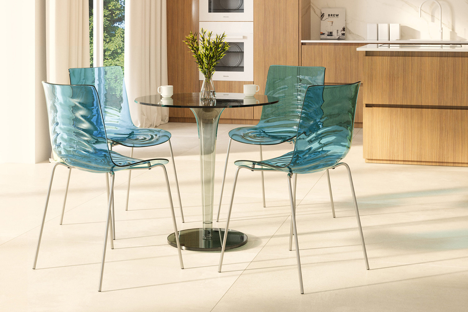 LeisureMod Astor Modern Water Drop Design Dining Side Chair - Transparent/Blue