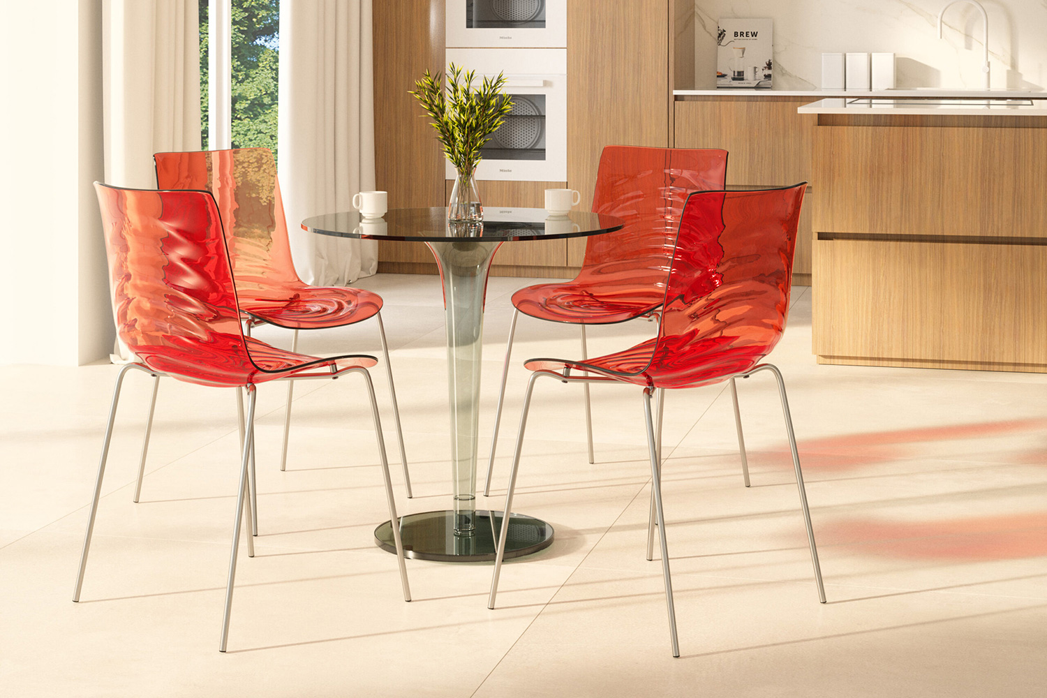 LeisureMod Astor Modern Water Drop Design Dining Side Chair - Transparent/Red