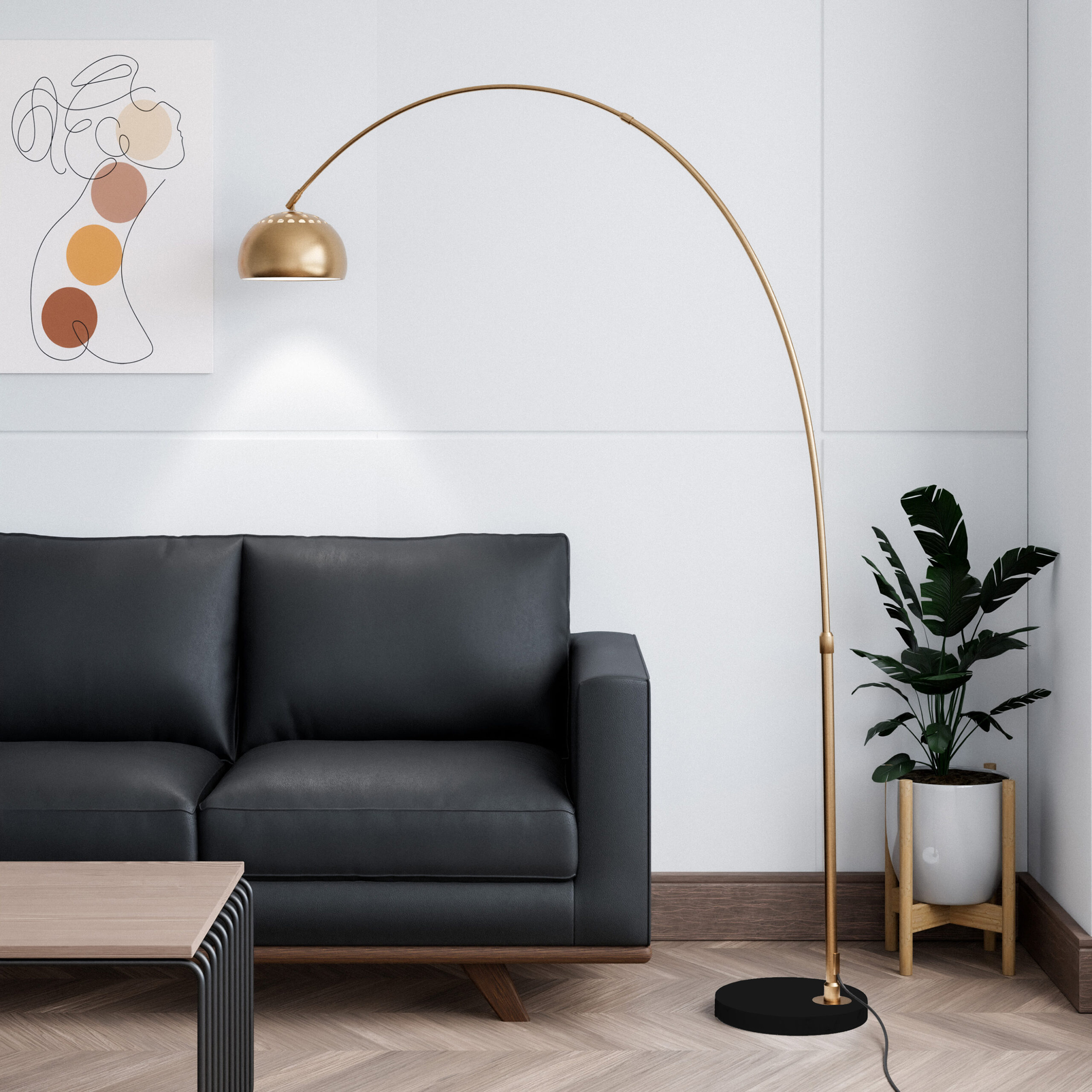 LeisureMod - Arco Modern Arched Floor Lamp with Black Round Marble Base