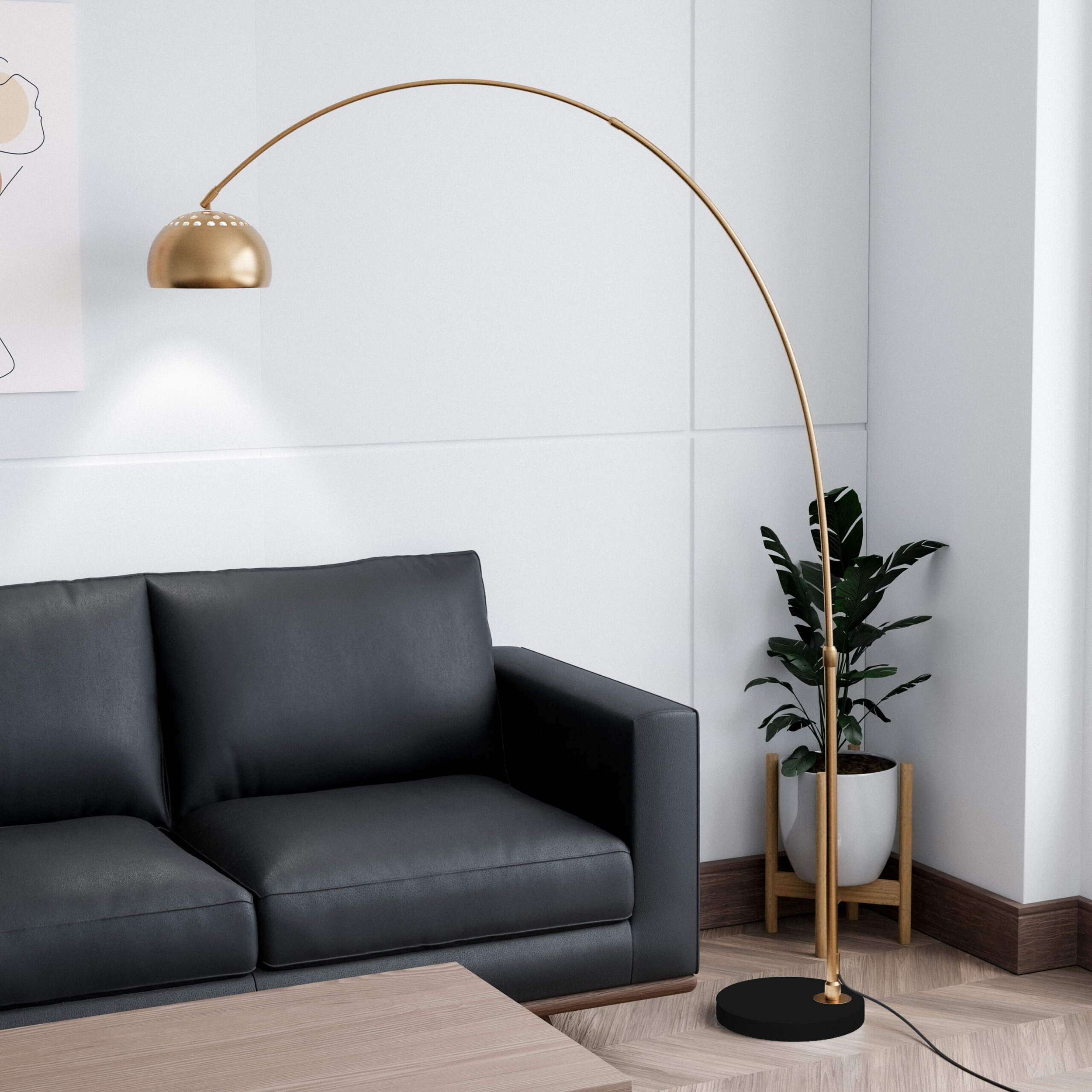 LeisureMod Arco Modern Arched Floor Lamp with Black Round Marble Base - Gold