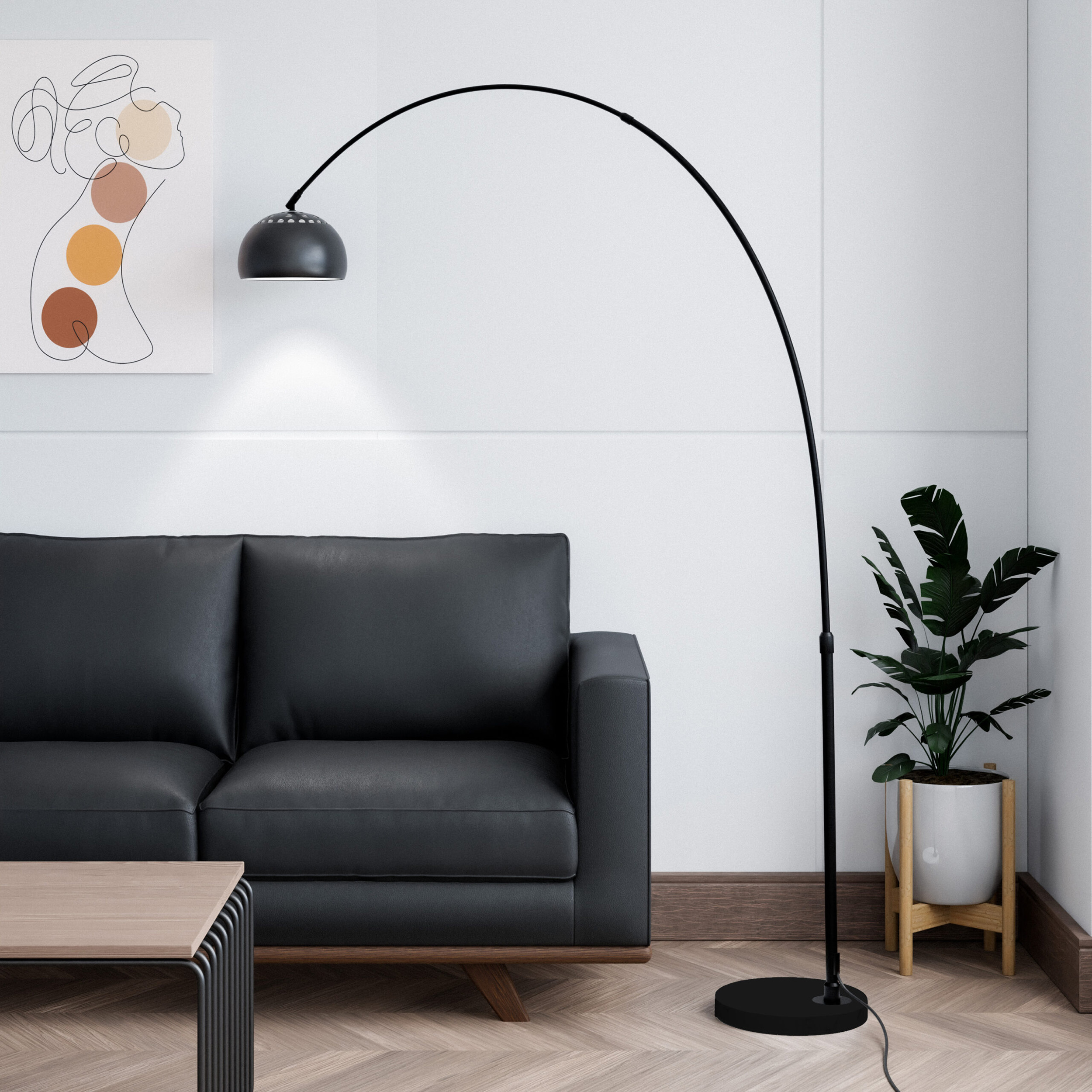 LeisureMod Arco Modern Arched Floor Lamp with Black Round Marble Base - Black