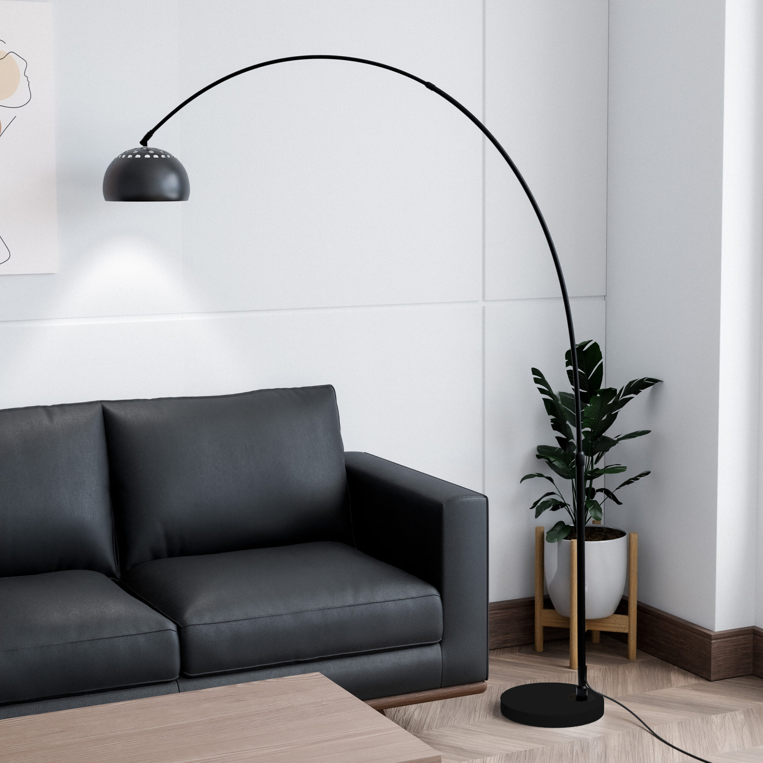 LeisureMod Arco Modern Arched Floor Lamp with Black Round Marble Base - Black