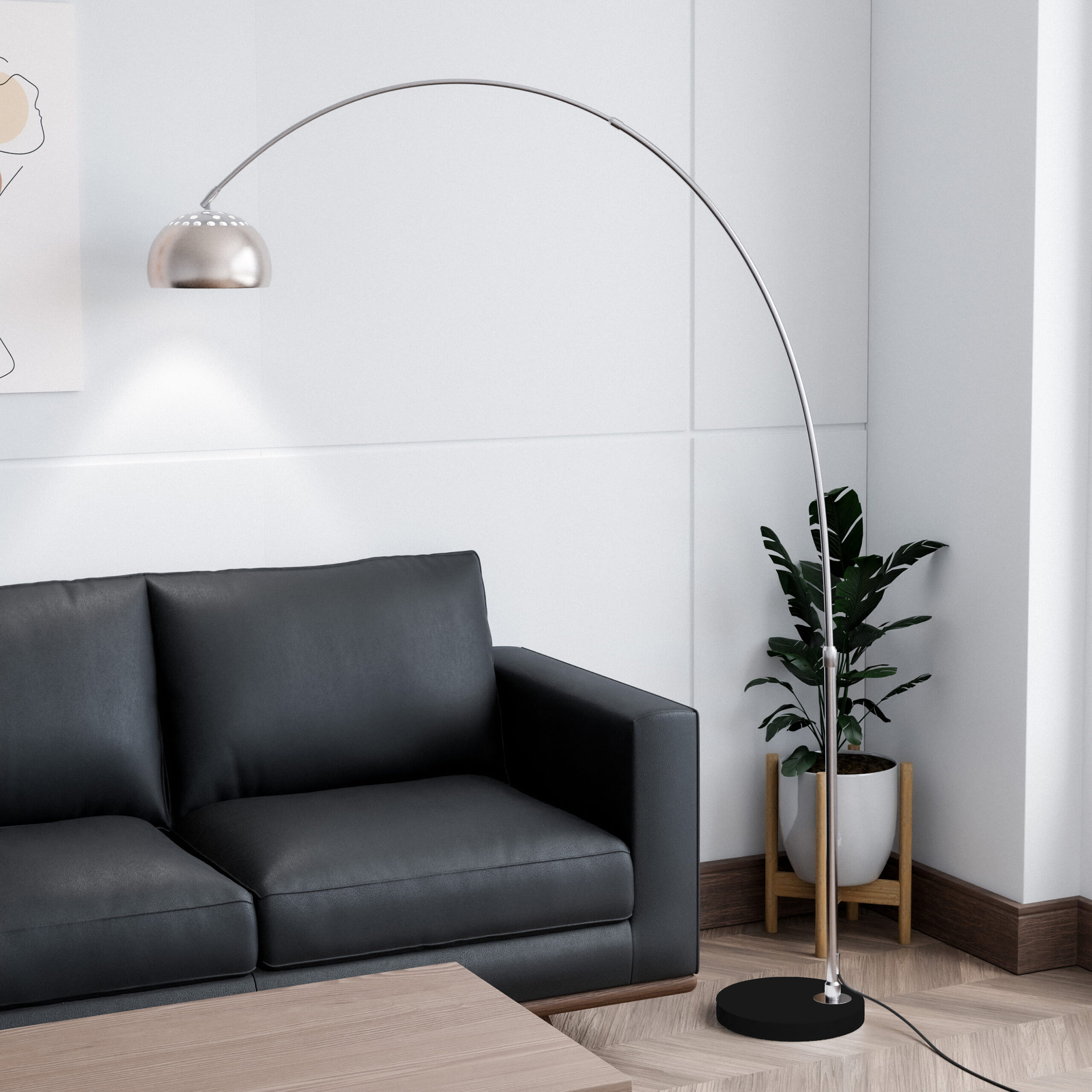 LeisureMod Arco Modern Arched Floor Lamp with Black Round Marble Base - Silver