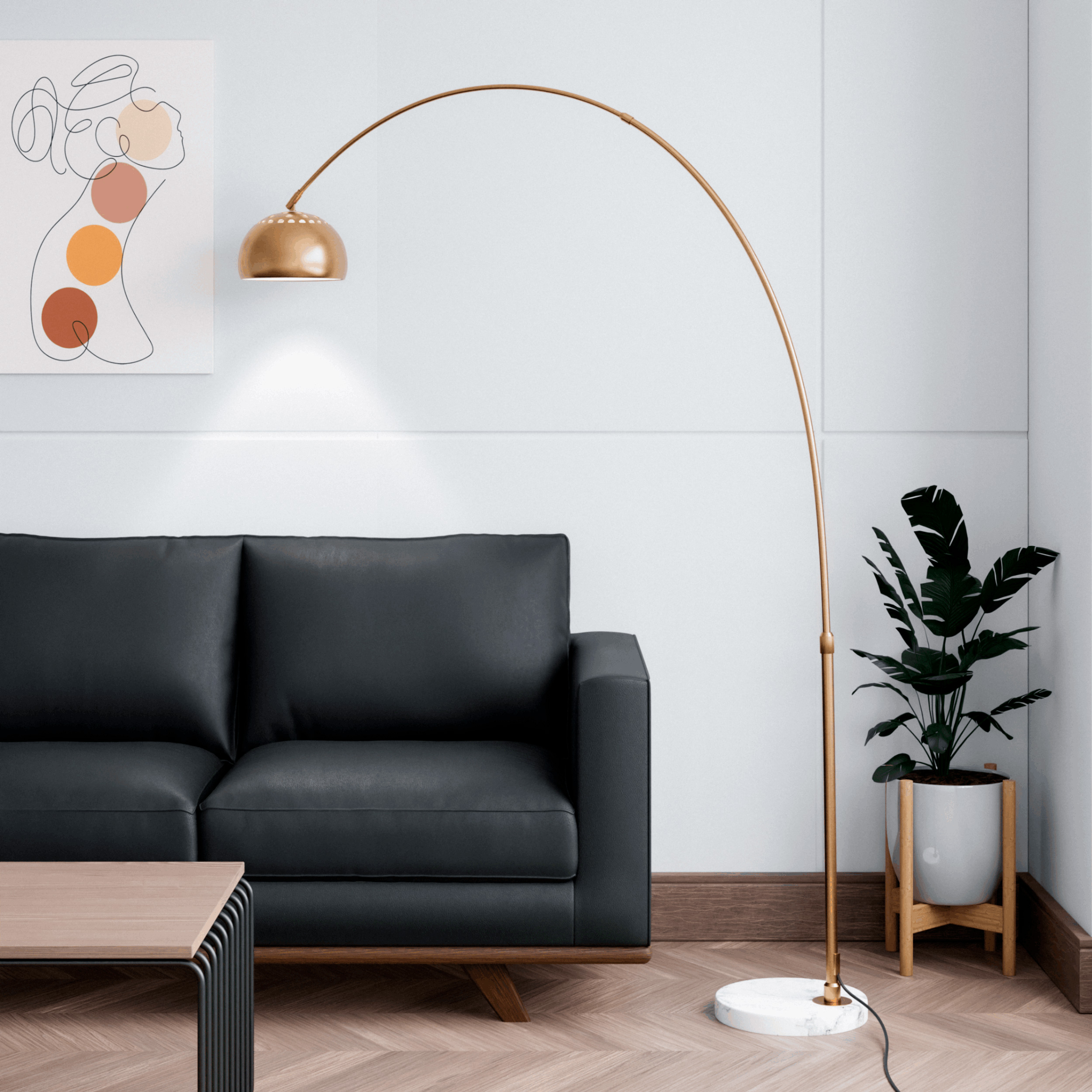 LeisureMod Arco Modern Arched Floor Lamp with White Round Marble Base - Gold