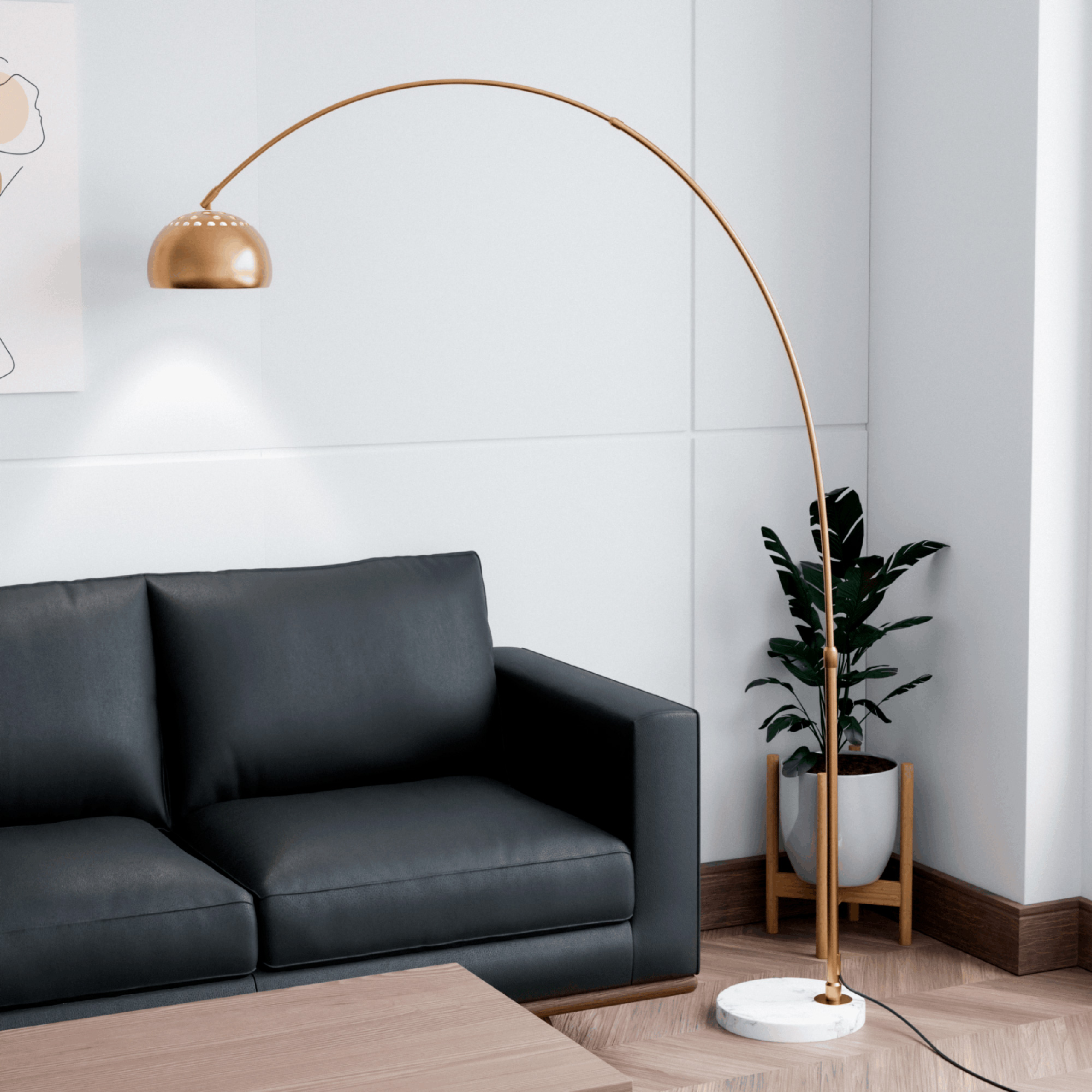 LeisureMod Arco Modern Arched Floor Lamp with White Round Marble Base - Gold