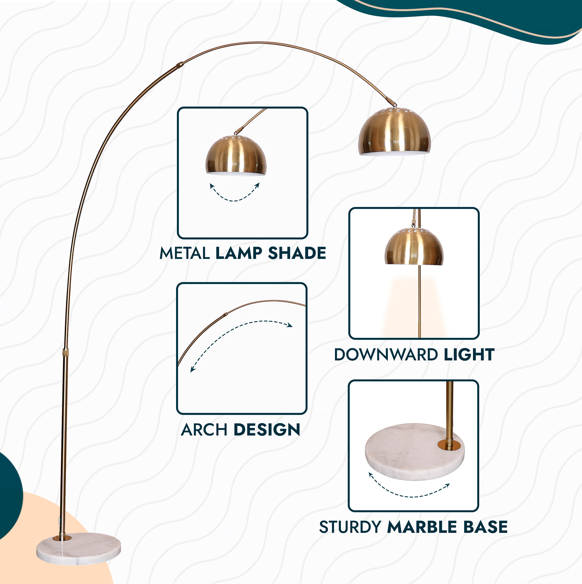 LeisureMod Arco Modern Arched Floor Lamp with White Round Marble Base - Gold