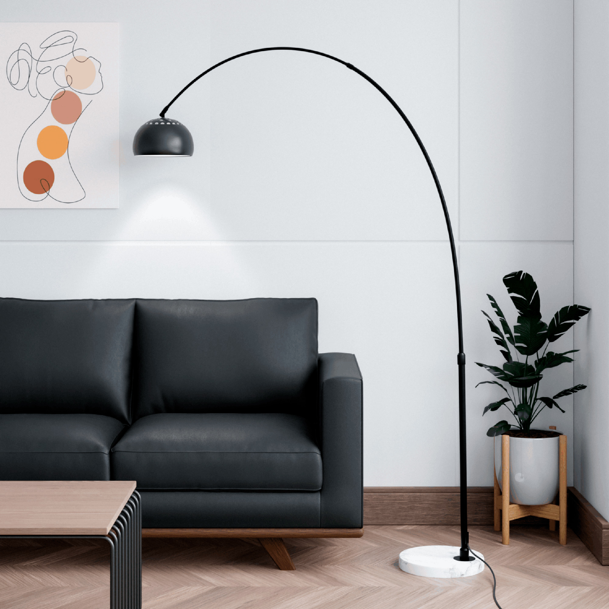 LeisureMod Arco Modern Arched Floor Lamp with White Round Marble Base - Black