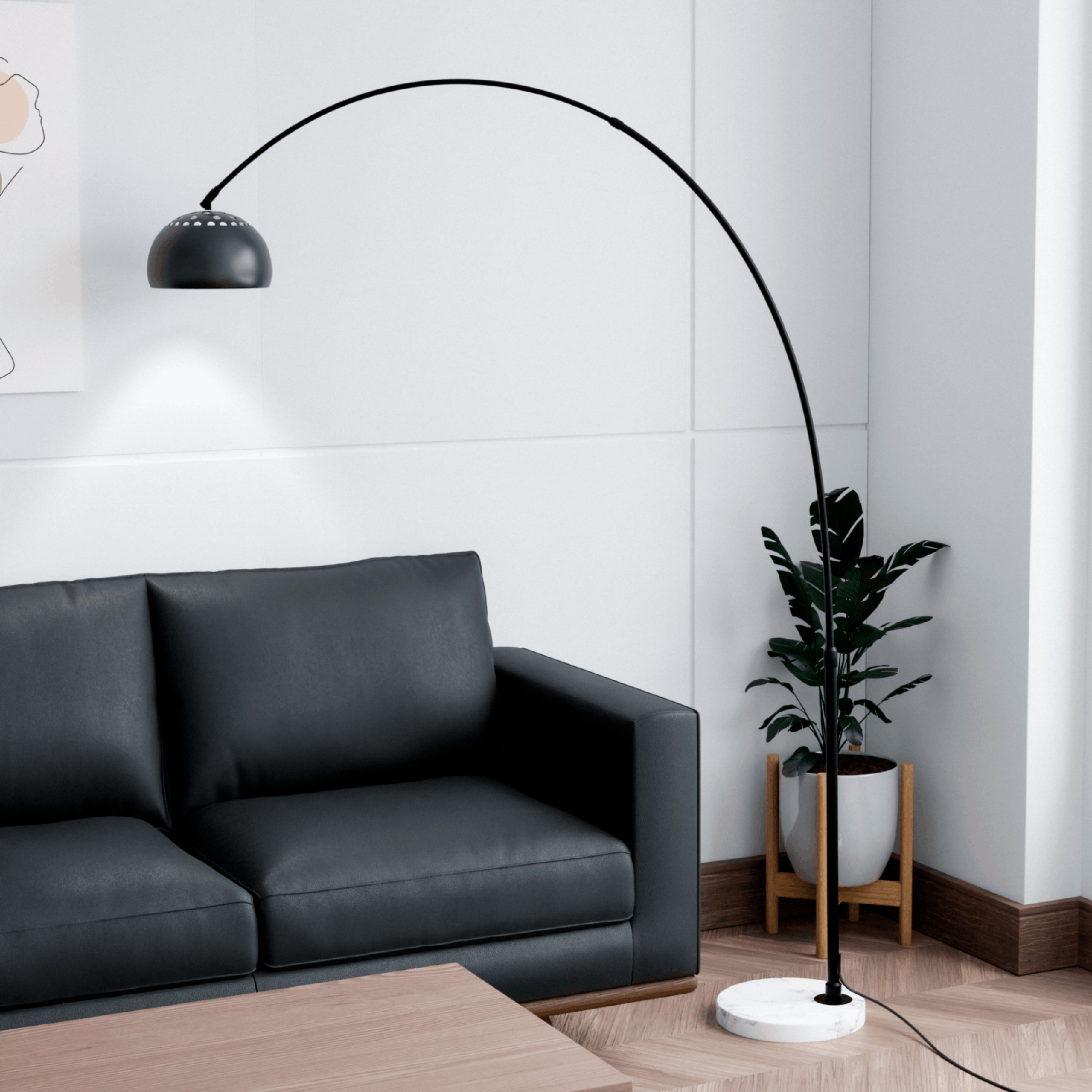 LeisureMod Arco Modern Arched Floor Lamp with White Round Marble Base - Black