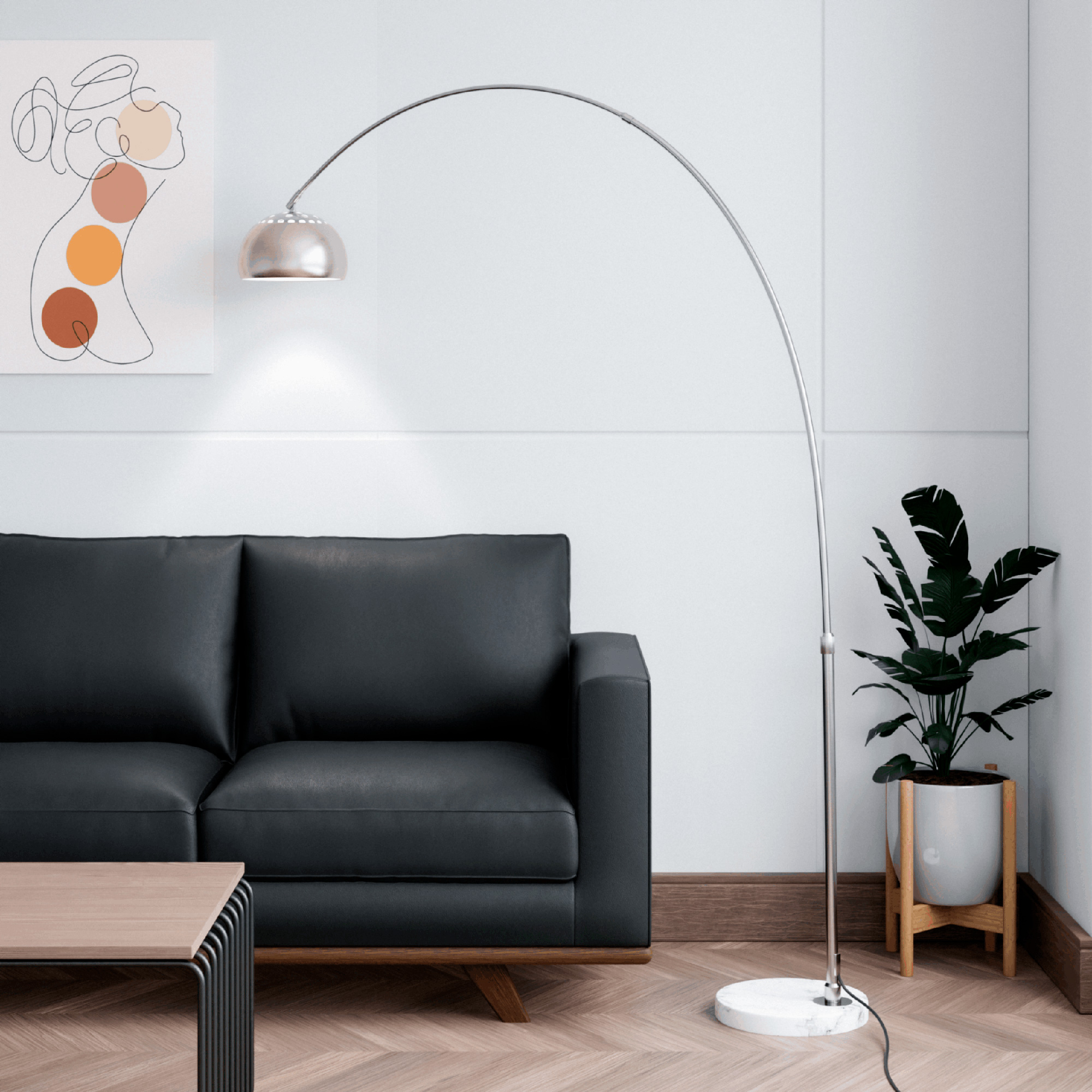 LeisureMod Arco Modern Arched Floor Lamp with White Round Marble Base