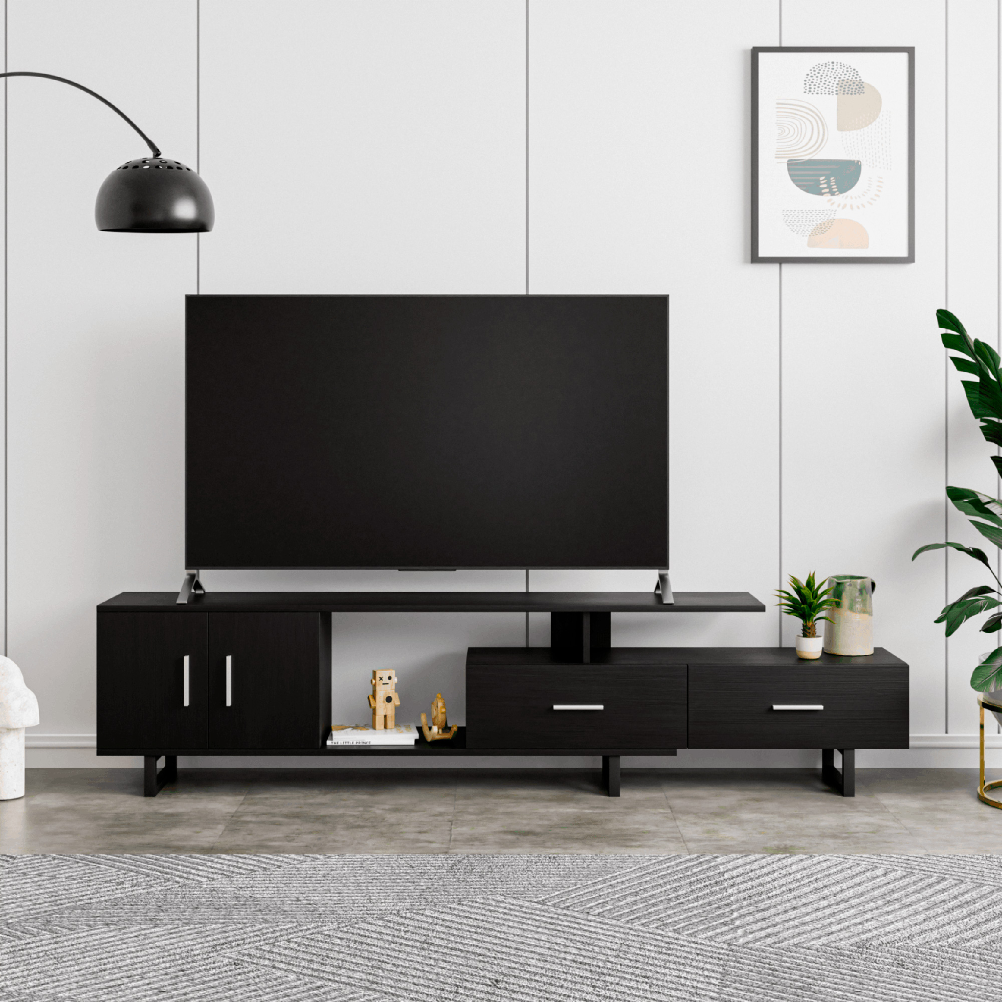 LeisureMod Avery Mid-Century Modern TV Stand with MDF Cabinet - Ebony