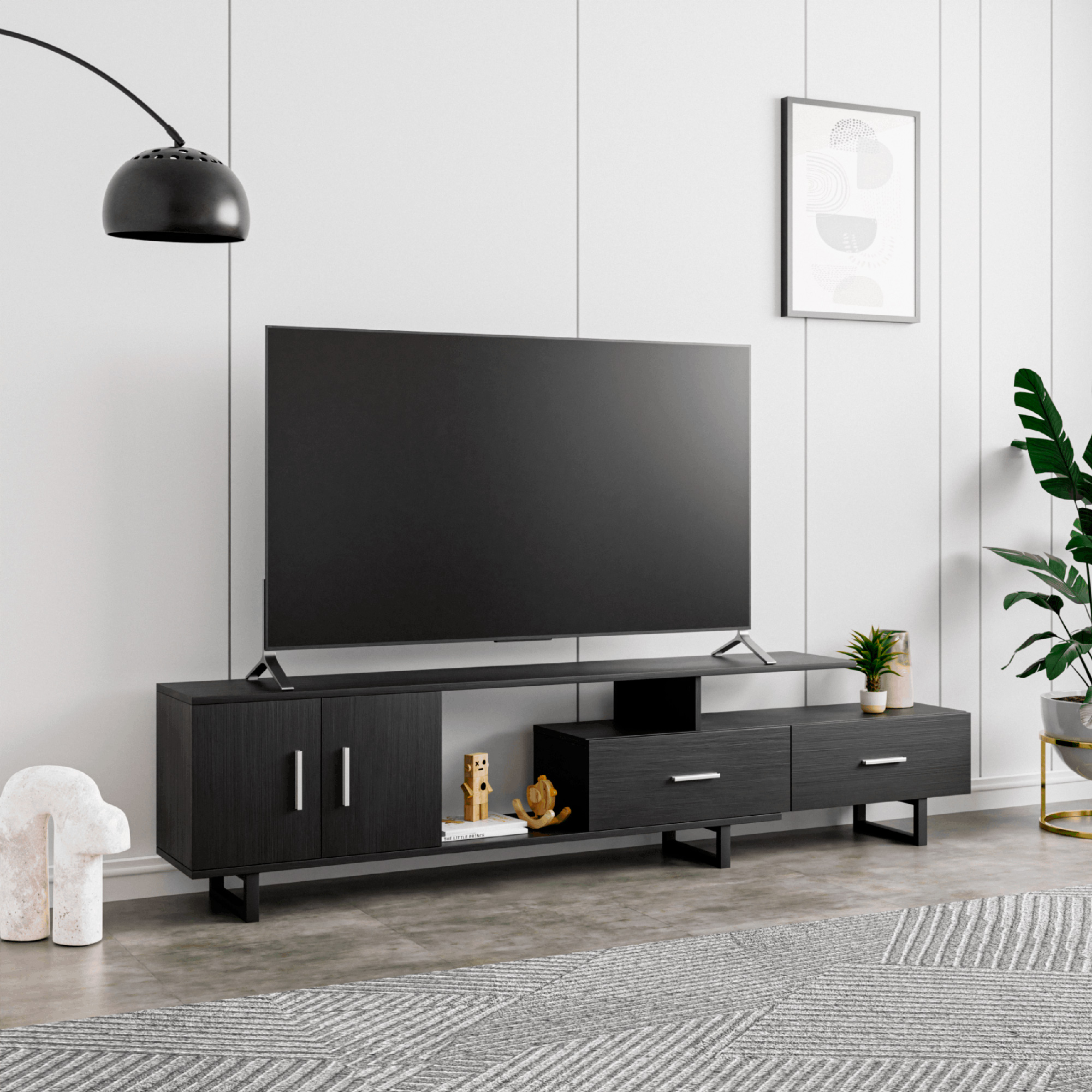 LeisureMod Avery Mid-Century Modern TV Stand with MDF Cabinet - Phantom Gray