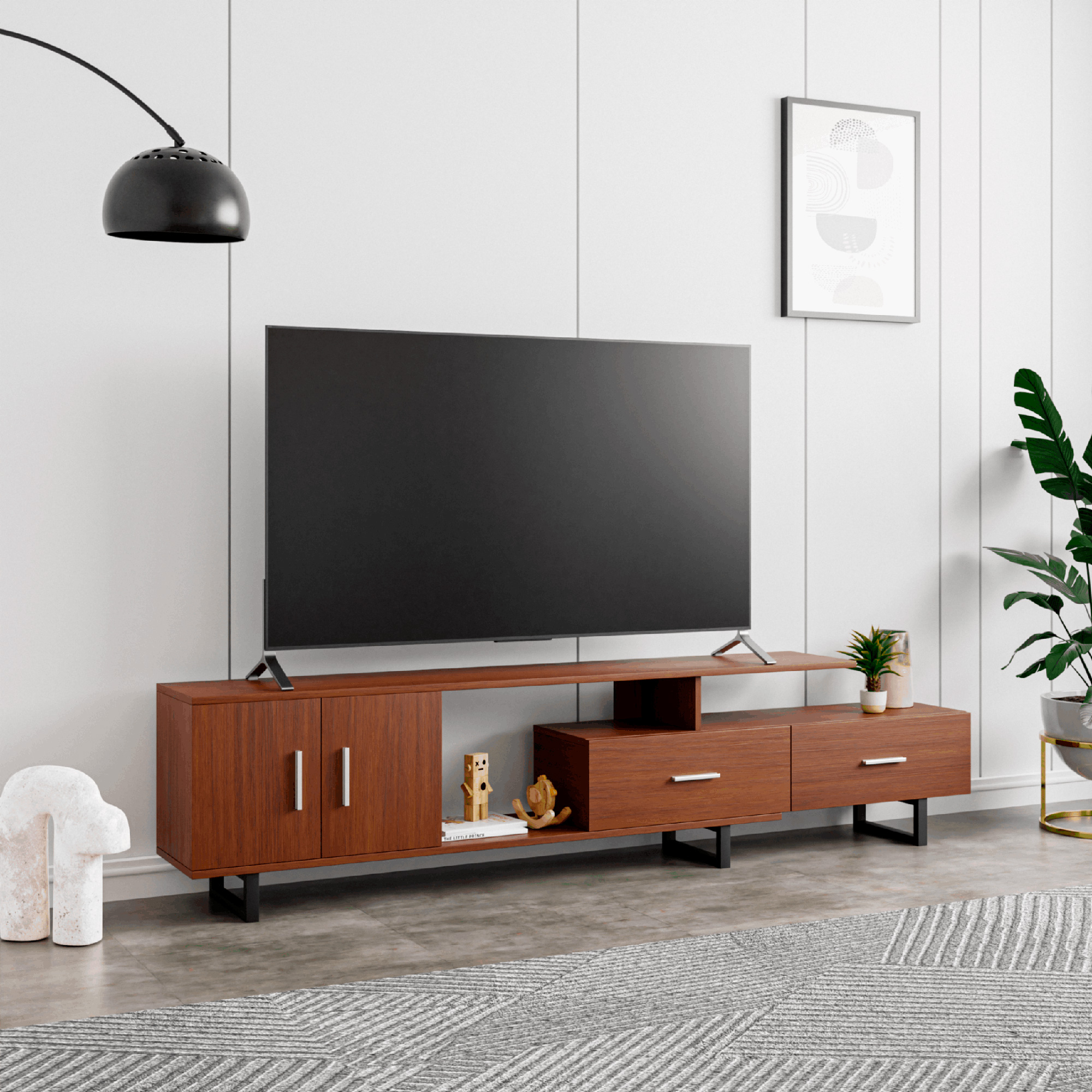 LeisureMod Avery Mid-Century Modern TV Stand with MDF Cabinet - Walnut