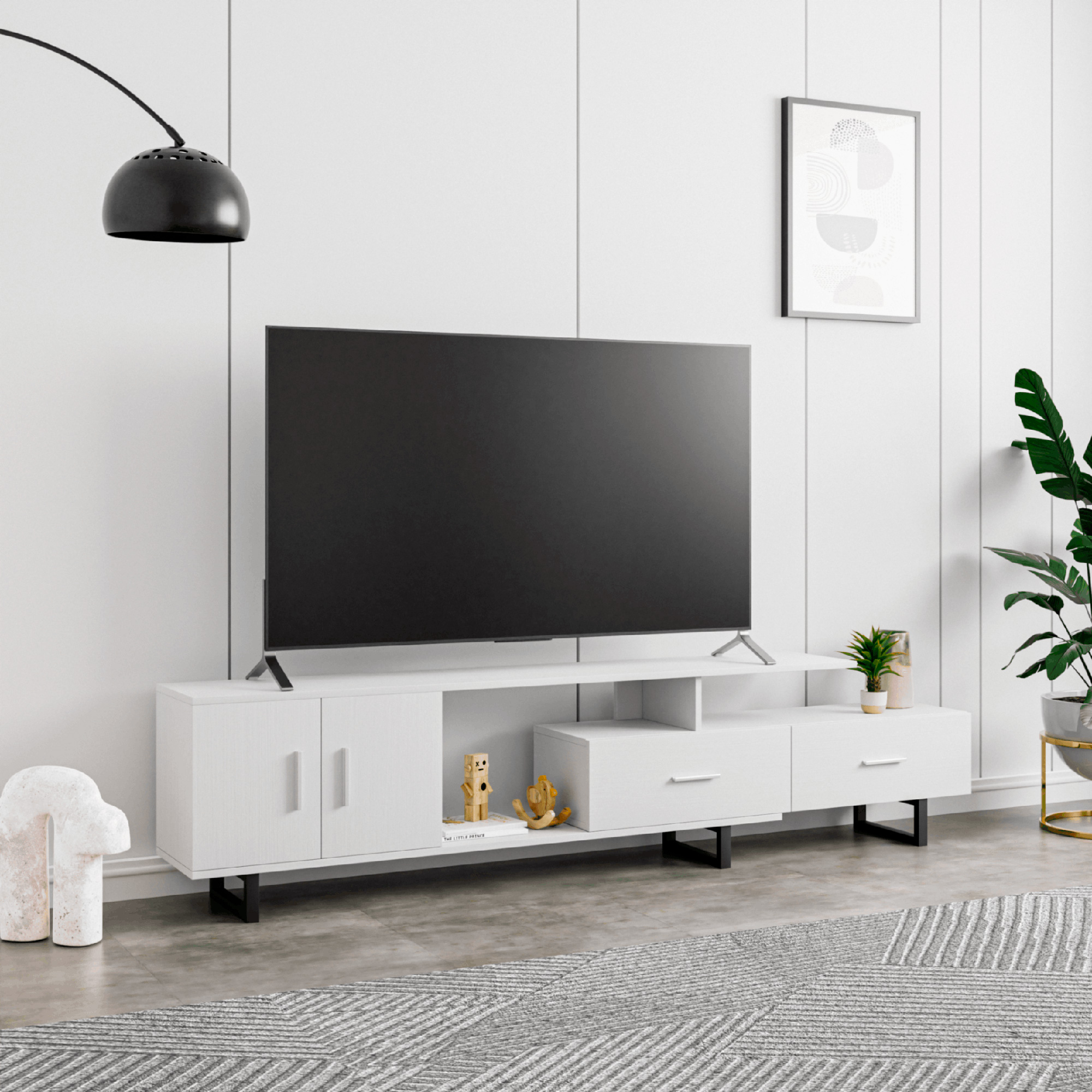 LeisureMod Avery Mid-Century Modern TV Stand with MDF Cabinet - White