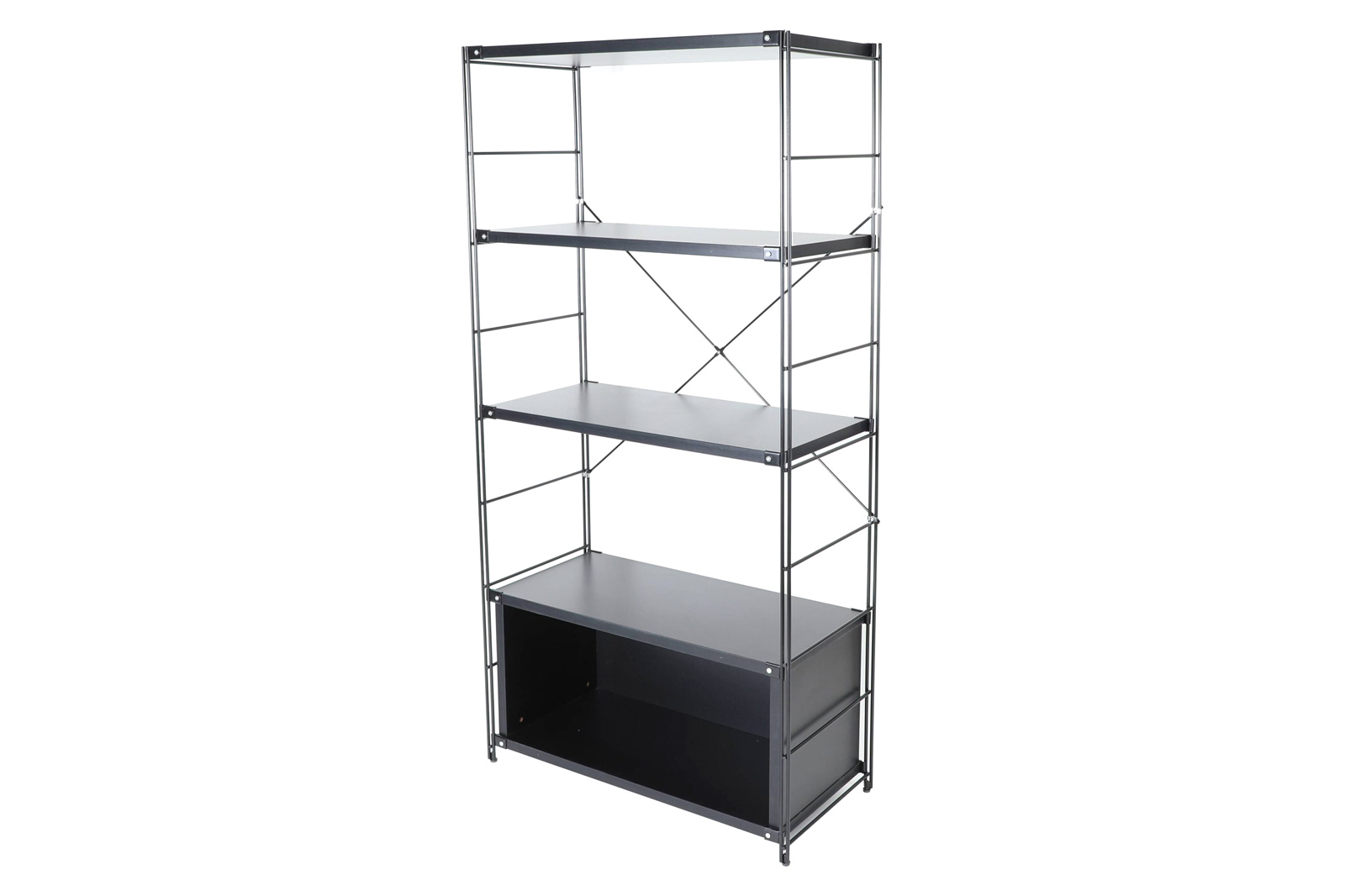 LeisureMod Brentwood Etagere Bookcase With Black Powder Coated Steel Frame And Melamine Board Shelves