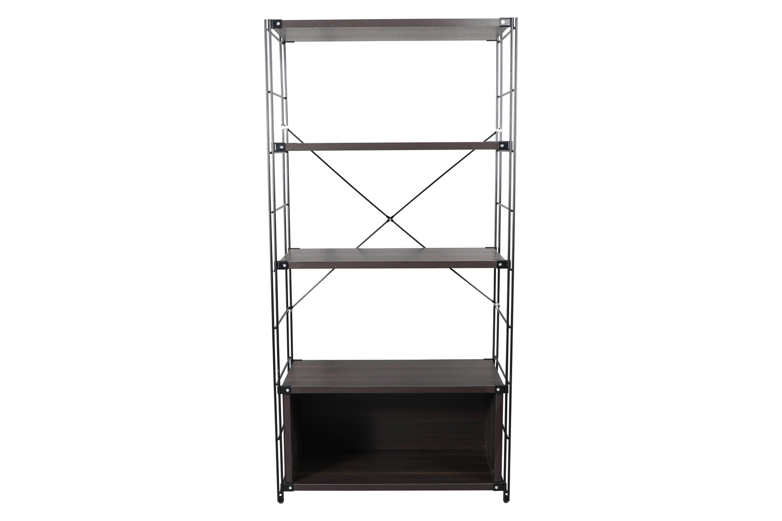 LeisureMod Brentwood Etagere Bookcase With Black Powder Coated Steel Frame And Melamine Board Shelves - Dark Walnut