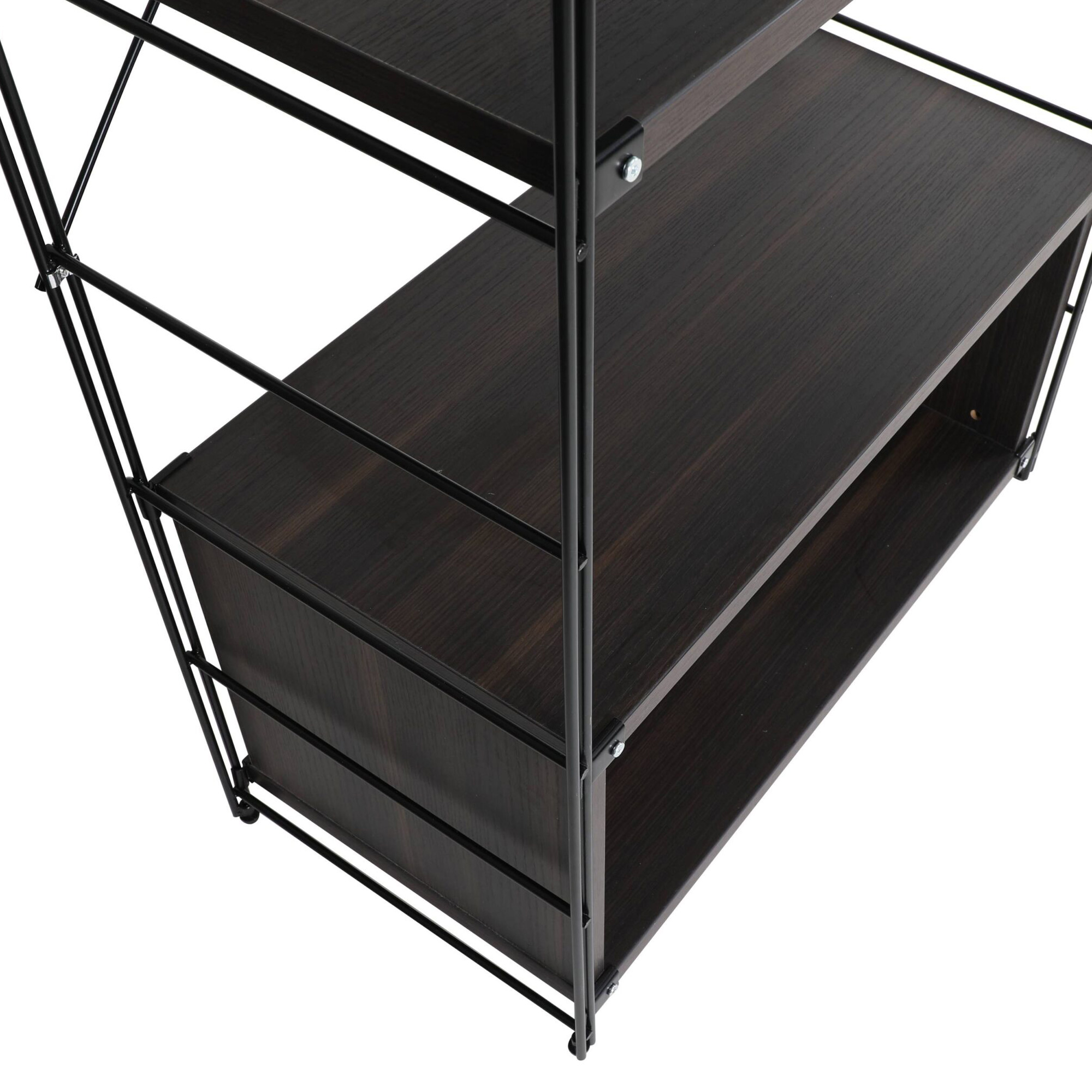 LeisureMod Brentwood Etagere Bookcase With Black Powder Coated Steel Frame And Melamine Board Shelves - Dark Walnut