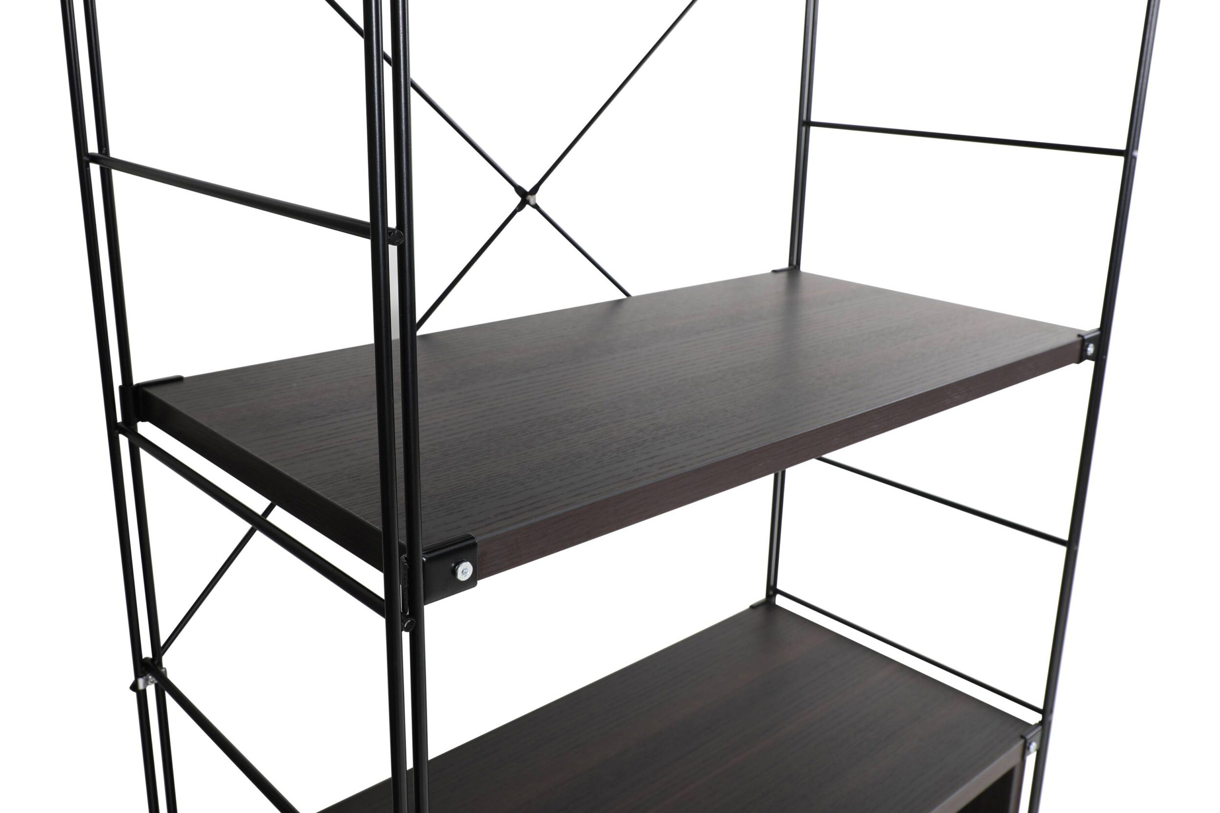 LeisureMod Brentwood Etagere Bookcase With Black Powder Coated Steel Frame And Melamine Board Shelves - Dark Walnut