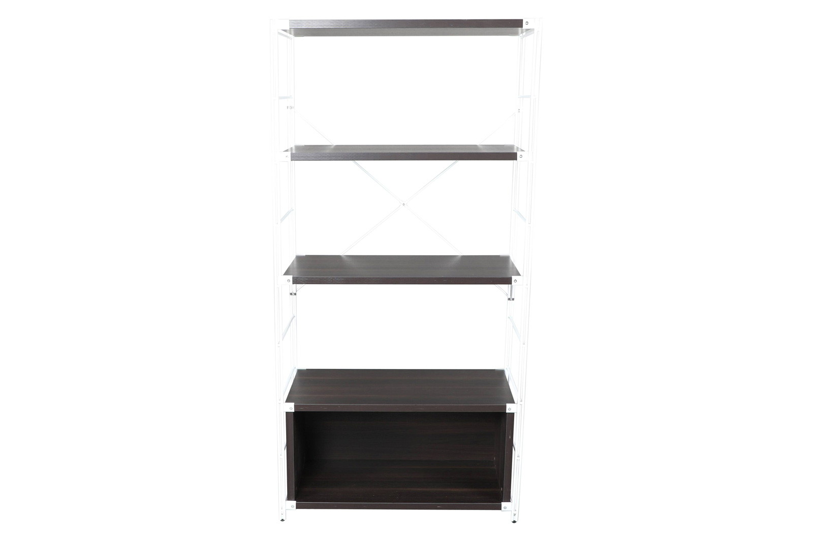 LeisureMod Brentwood Etagere Bookcase With White Powder Coated Steel Frame And Melamine Board Shelves - Dark Walnut