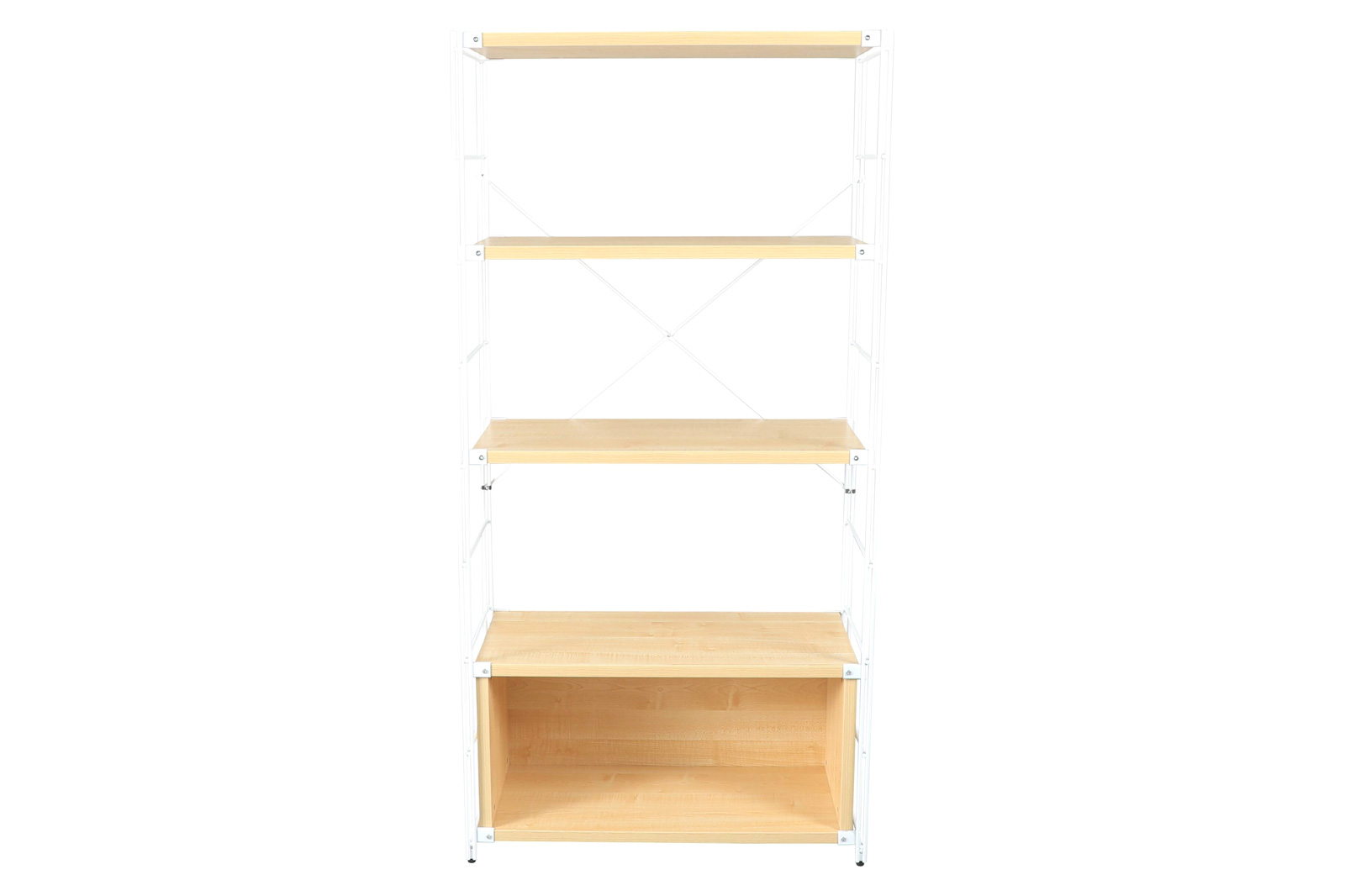 LeisureMod Brentwood Etagere Bookcase With White Powder Coated Steel Frame And Melamine Board Shelves - Natural Wood