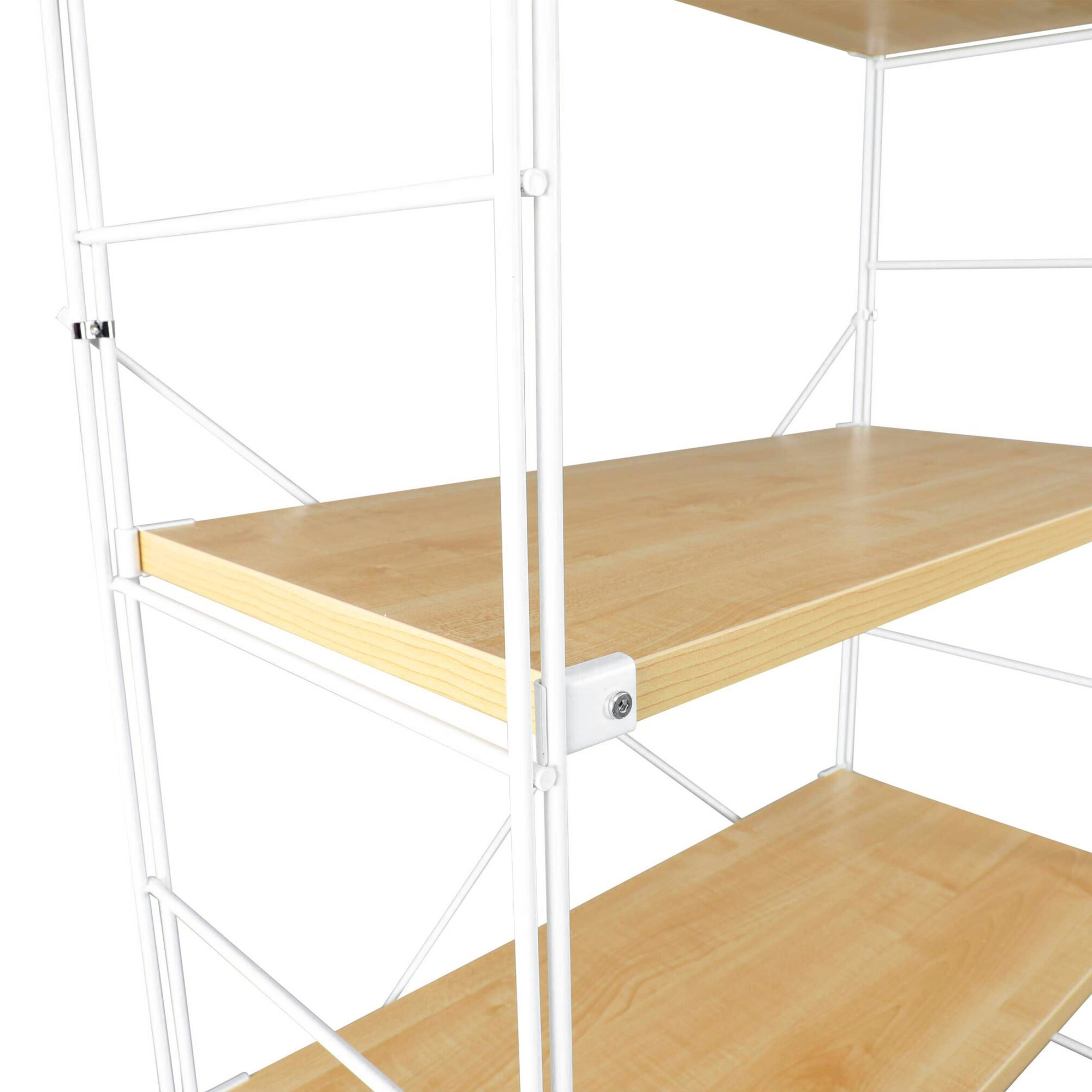 LeisureMod Brentwood Etagere Bookcase With White Powder Coated Steel Frame And Melamine Board Shelves - Natural Wood