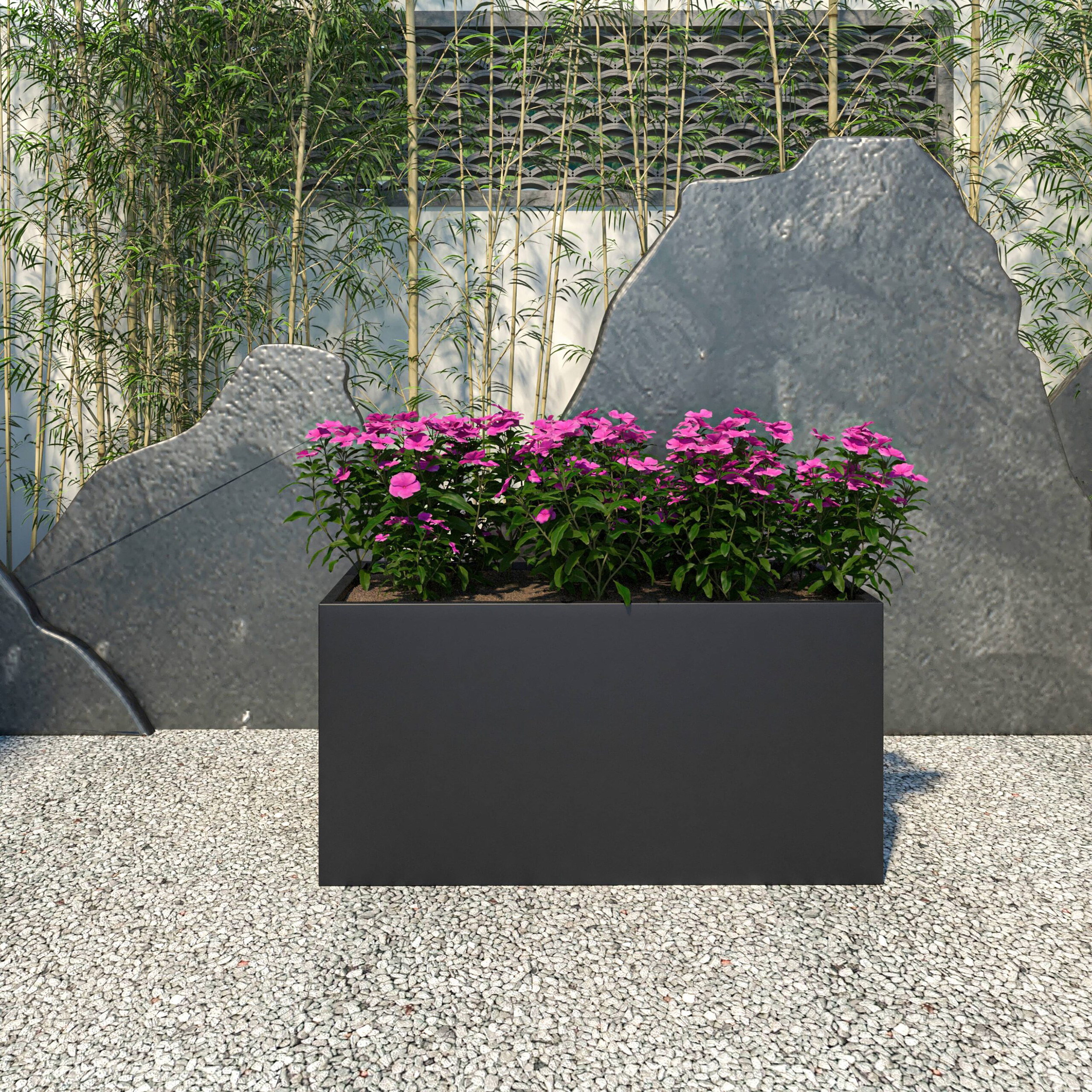 LeisureMod Bloom Mid-Century Modern Rectangular Fiberstone and MGO Clay Planter - Black