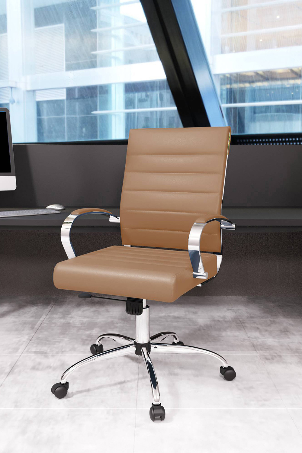 LeisureMod Benmar Home Leather Office Chair with Chrome Frame - Brown