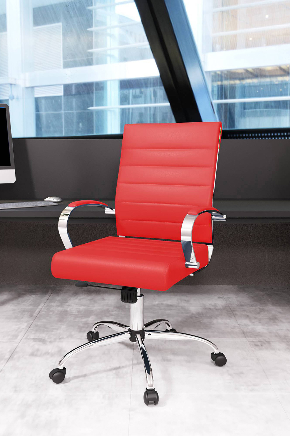 LeisureMod Benmar Home Leather Office Chair with Chrome Frame - Red