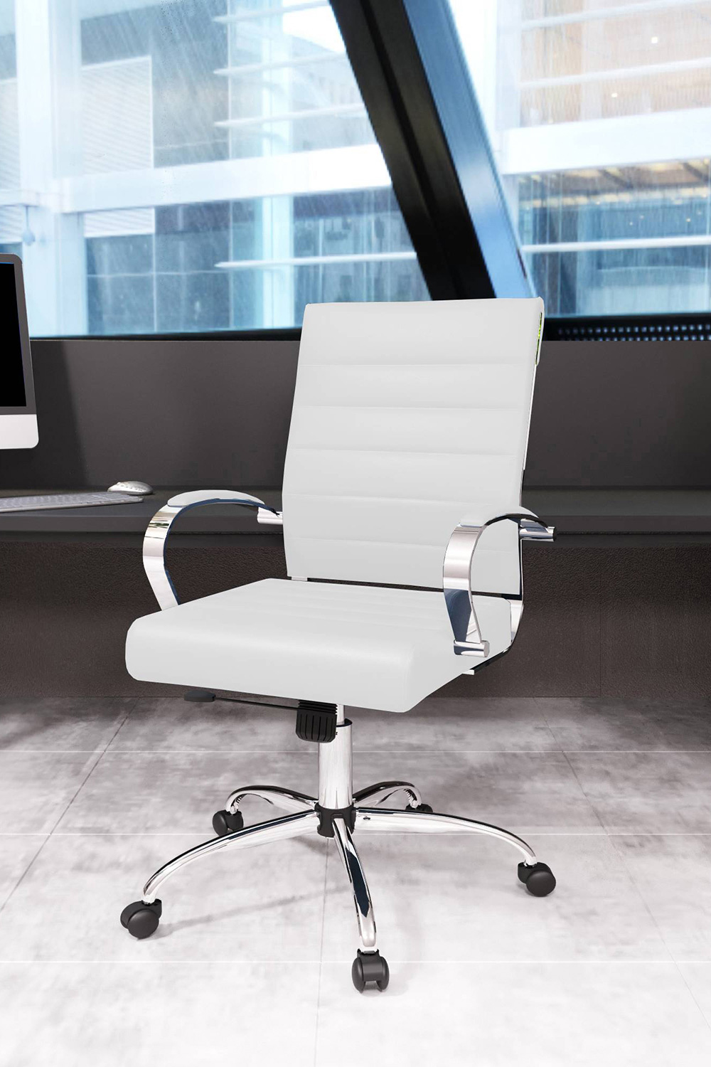 LeisureMod Benmar Home Leather Office Chair with Chrome Frame - White